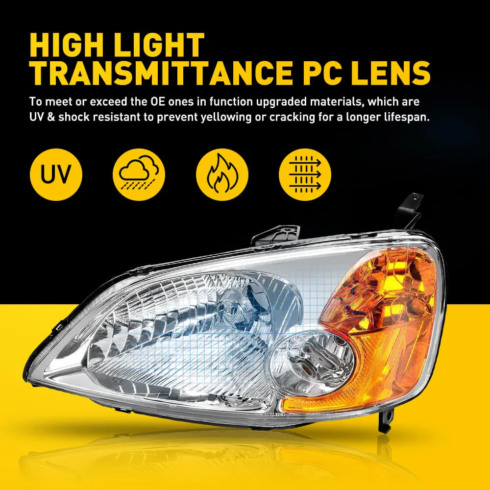 Headlight Assembly Compatible with 2001-2003 Honda Civic Chrome Housing Amber Reflector Pair