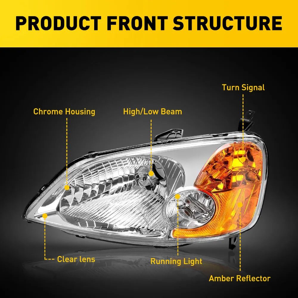 Headlight Assembly Compatible with 2001-2003 Honda Civic Chrome Housing Amber Reflector Pair