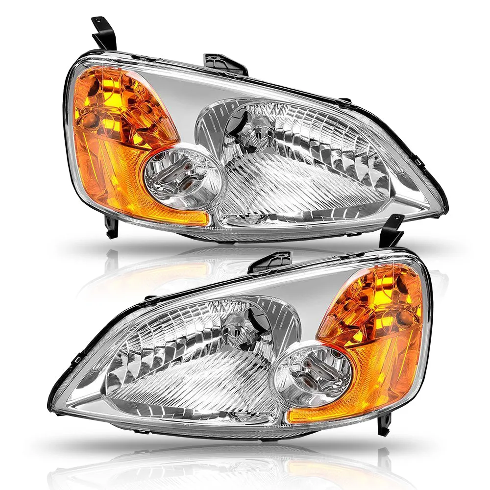 Headlight Assembly Compatible with 2001-2003 Honda Civic Chrome Housing Amber Reflector Pair