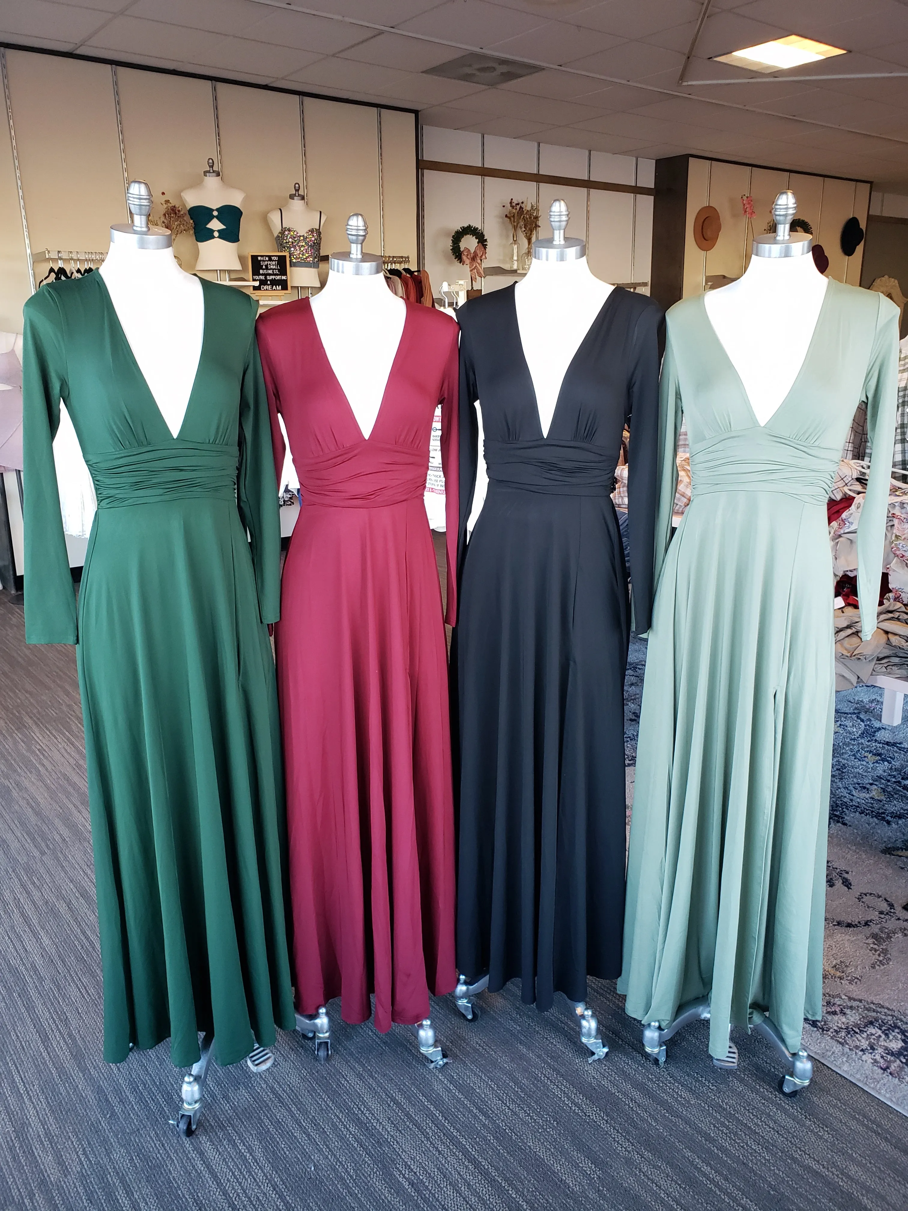 Hunter Green Long Sleeve V-Neck Maxi Dress With Slit