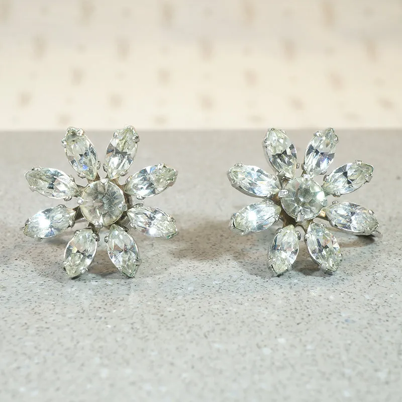 Icy Rhinestone Flower Screw-Back Earrings