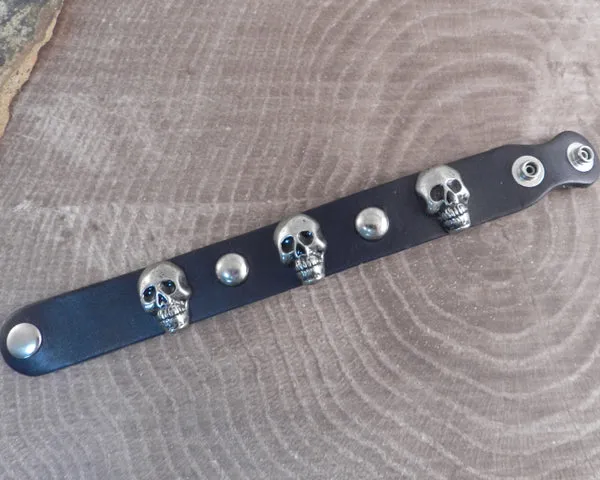 Leather Cuff 3 Skull & Stud Bracelet Strap