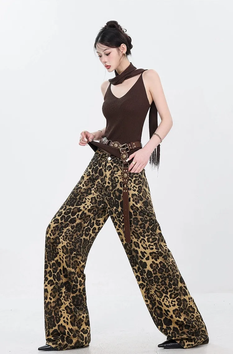 Leopard Print Straight-Leg Denim Jeans