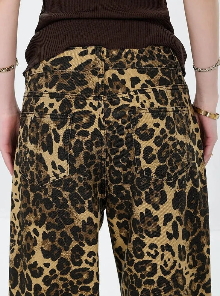 Leopard Print Straight-Leg Denim Jeans