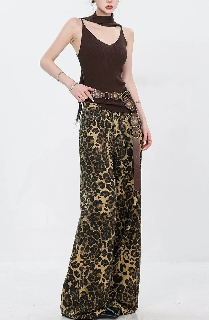 Leopard Print Straight-Leg Denim Jeans