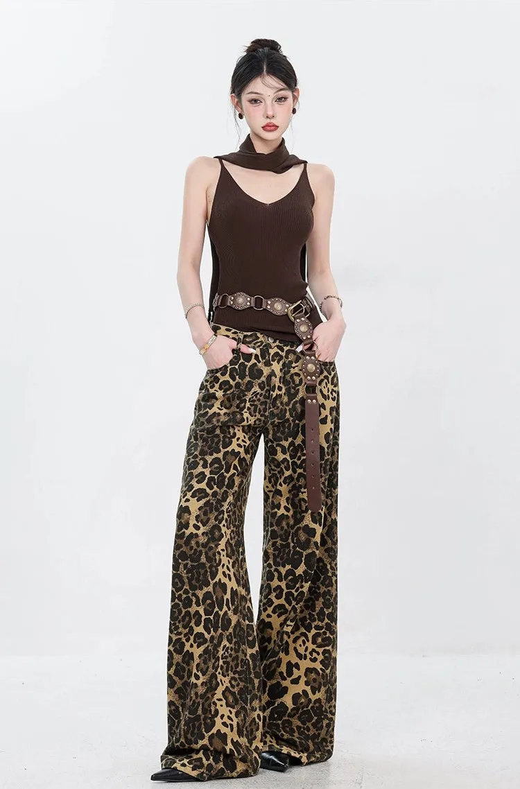 Leopard Print Straight-Leg Denim Jeans