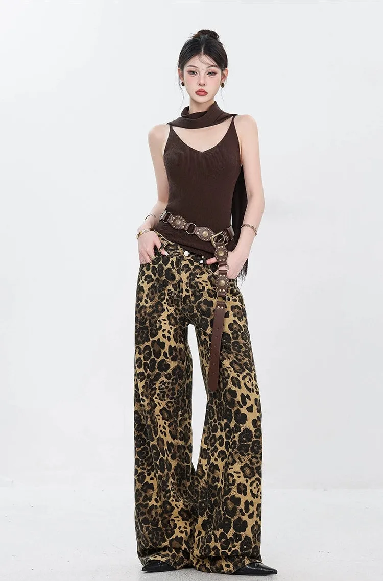 Leopard Print Straight-Leg Denim Jeans