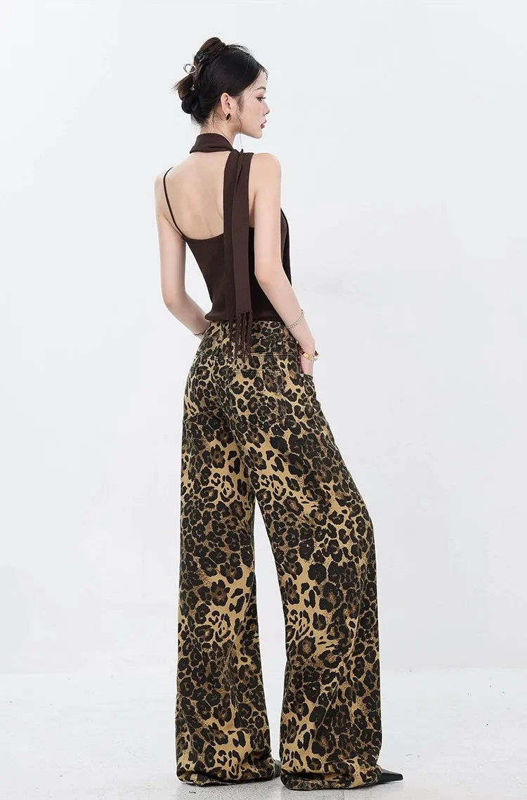 Leopard Print Straight-Leg Denim Jeans