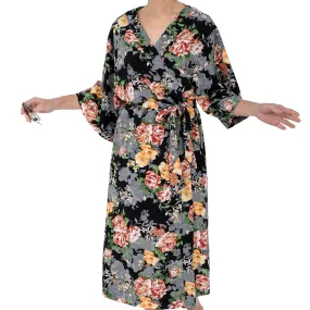 Long Black Ground Floral Print Robe