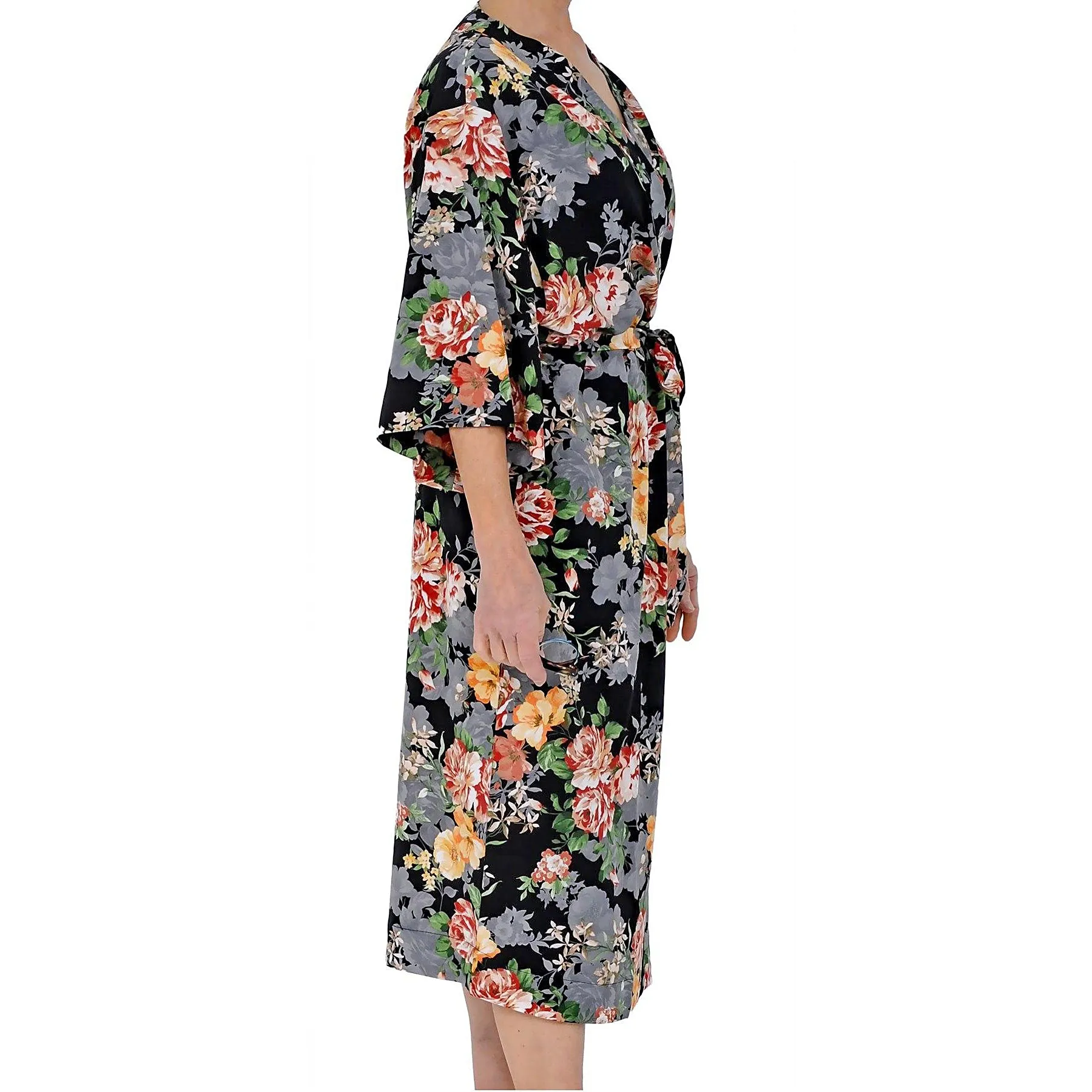 Long Black Ground Floral Print Robe