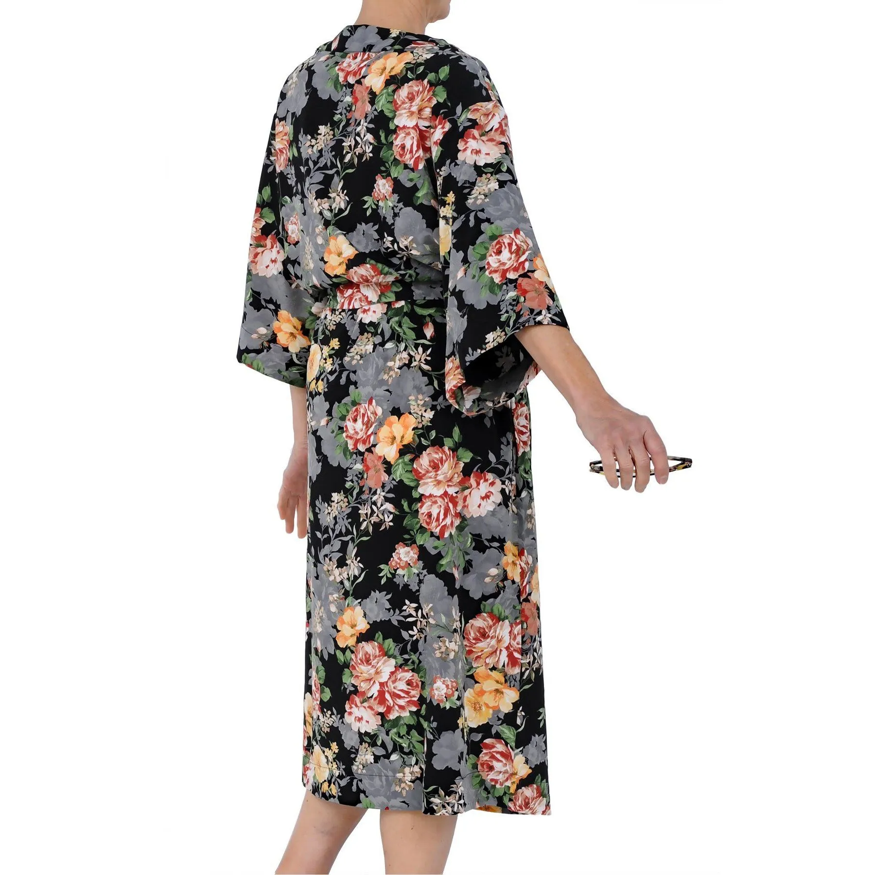 Long Black Ground Floral Print Robe