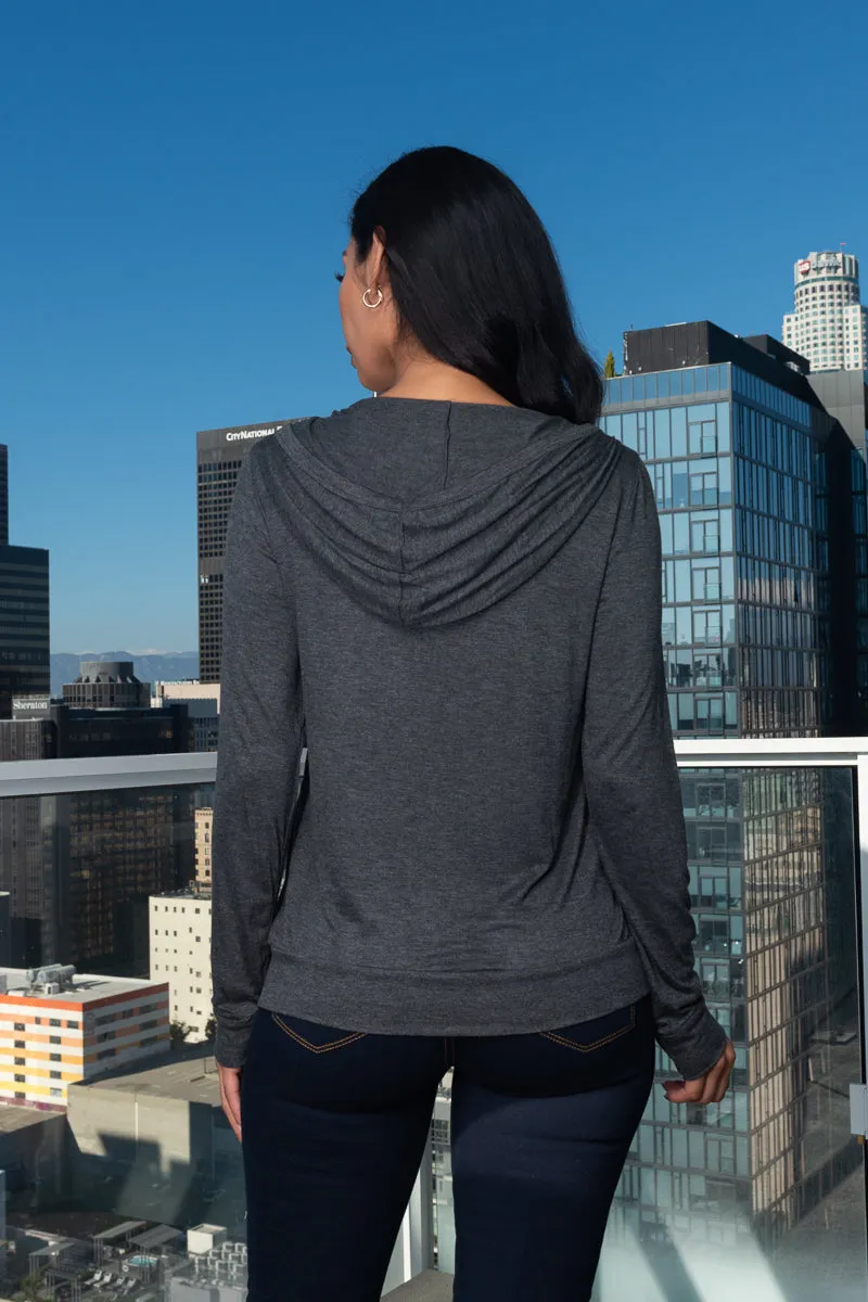 Long Sleeve Lace Up V-Neck Light Top W/Hoodie In Charcoal (BT2666)