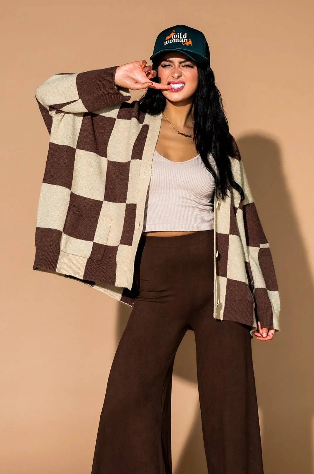 Love You Oversized Checkerboard Cardigan in Chai Latte