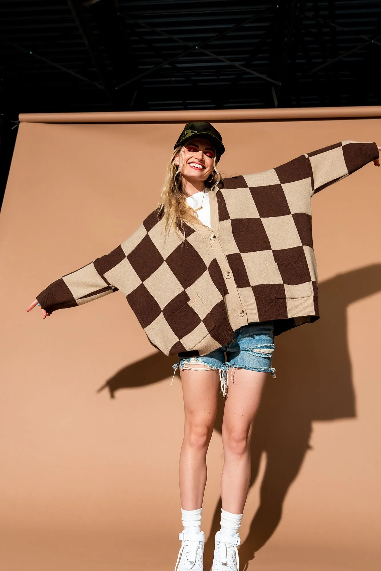 Love You Oversized Checkerboard Cardigan in Chai Latte