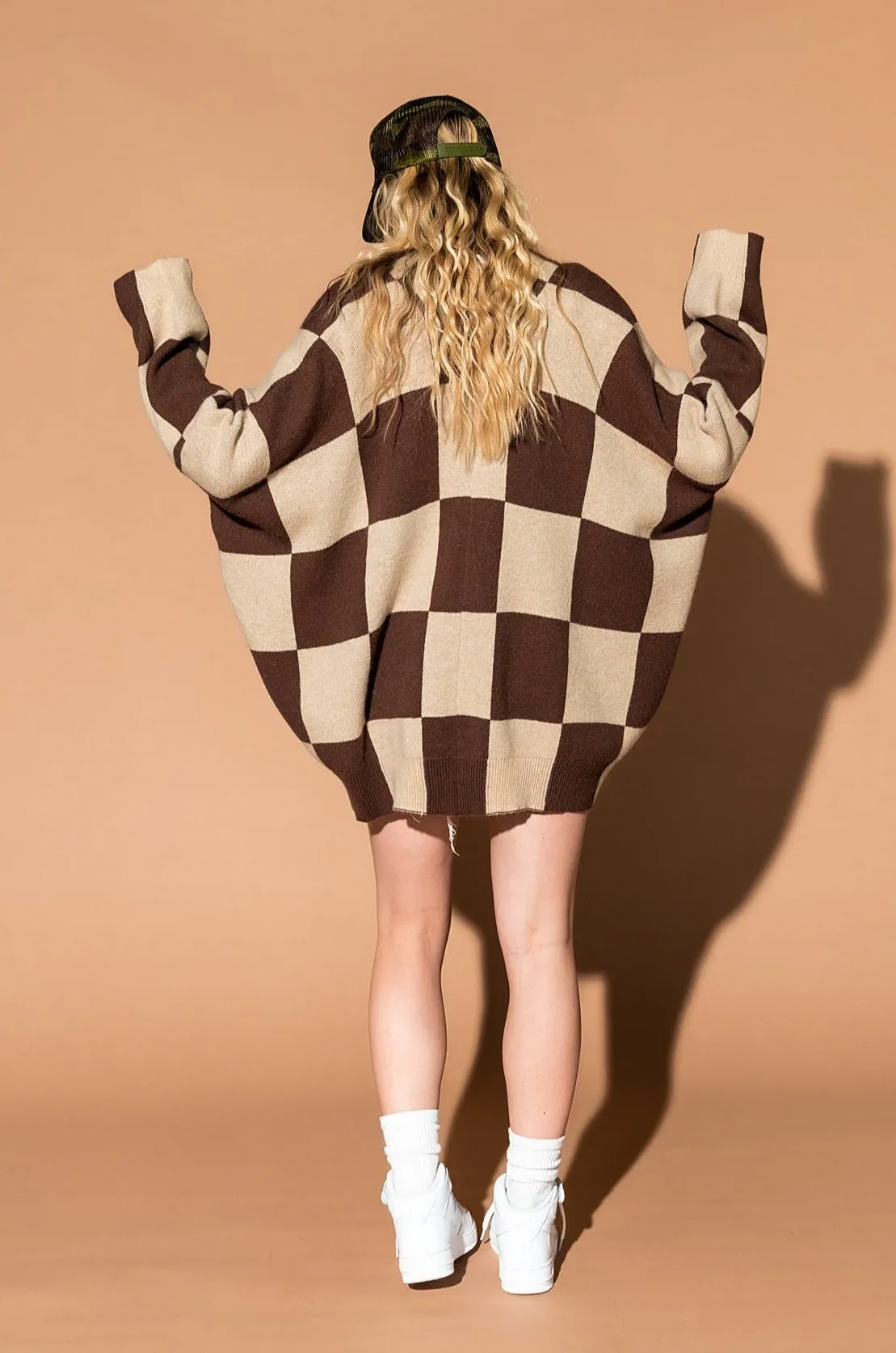 Love You Oversized Checkerboard Cardigan in Chai Latte