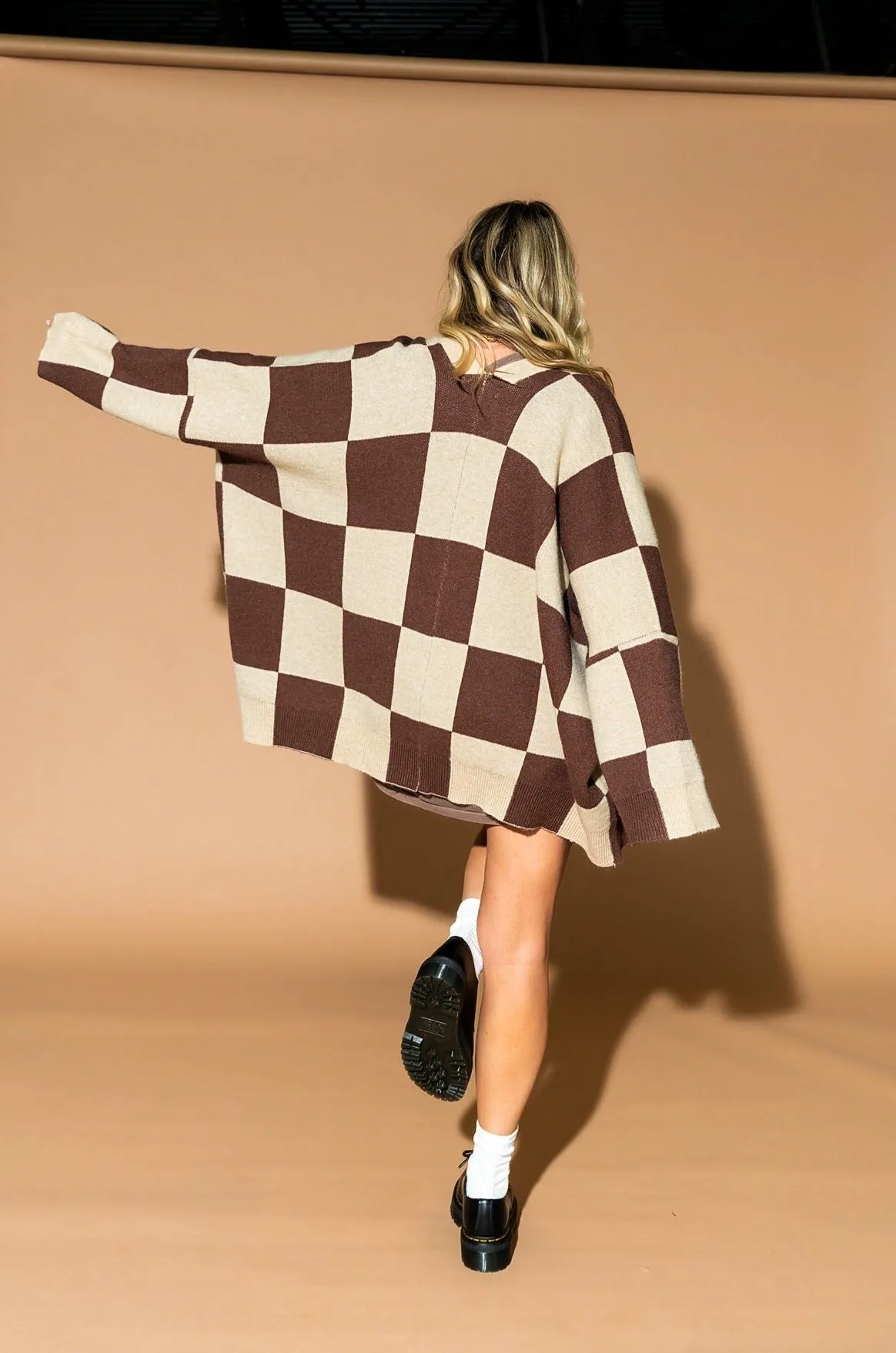 Love You Oversized Checkerboard Cardigan in Chai Latte