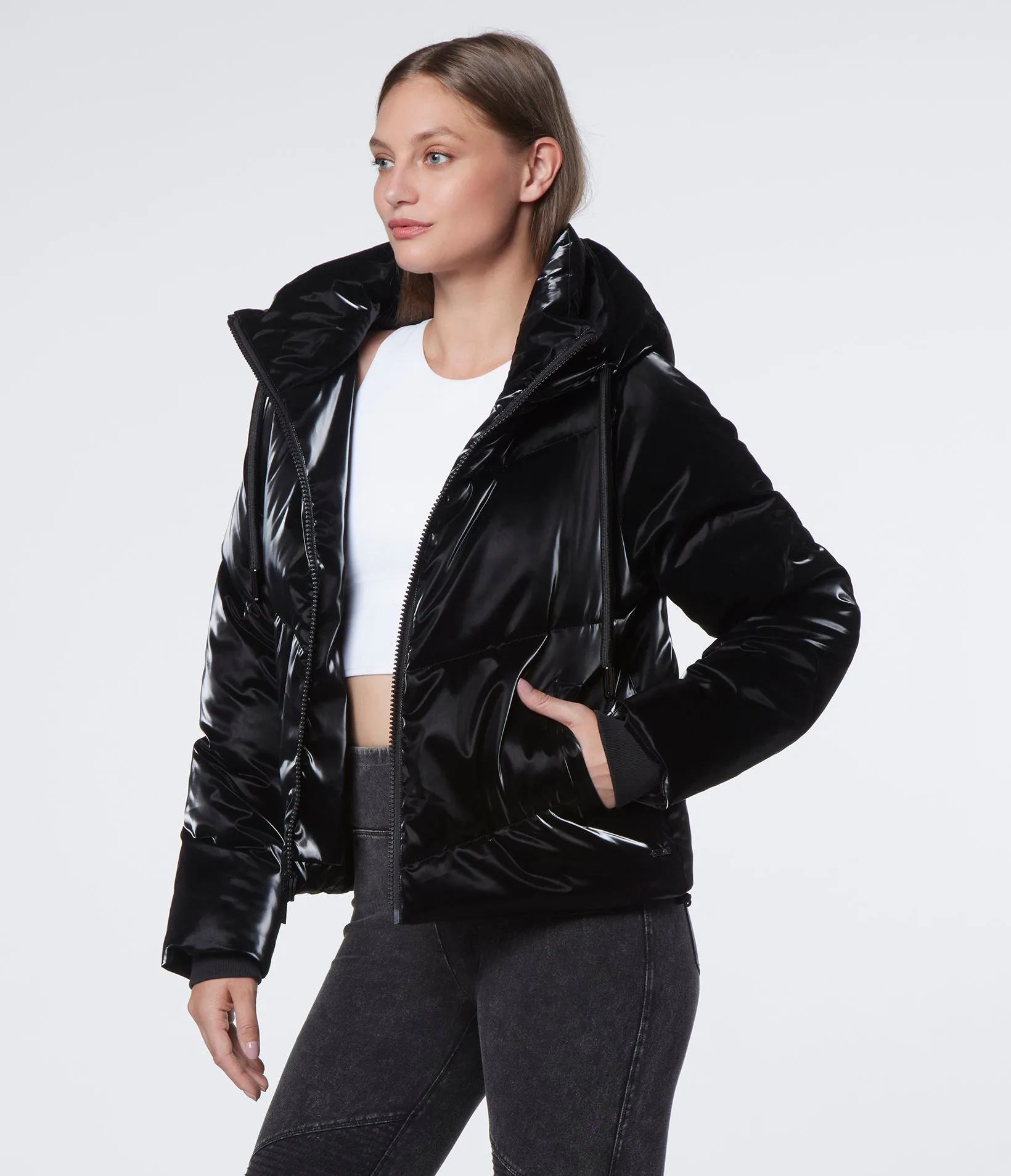 Luxe Sheen Hooded Chevron Puffer