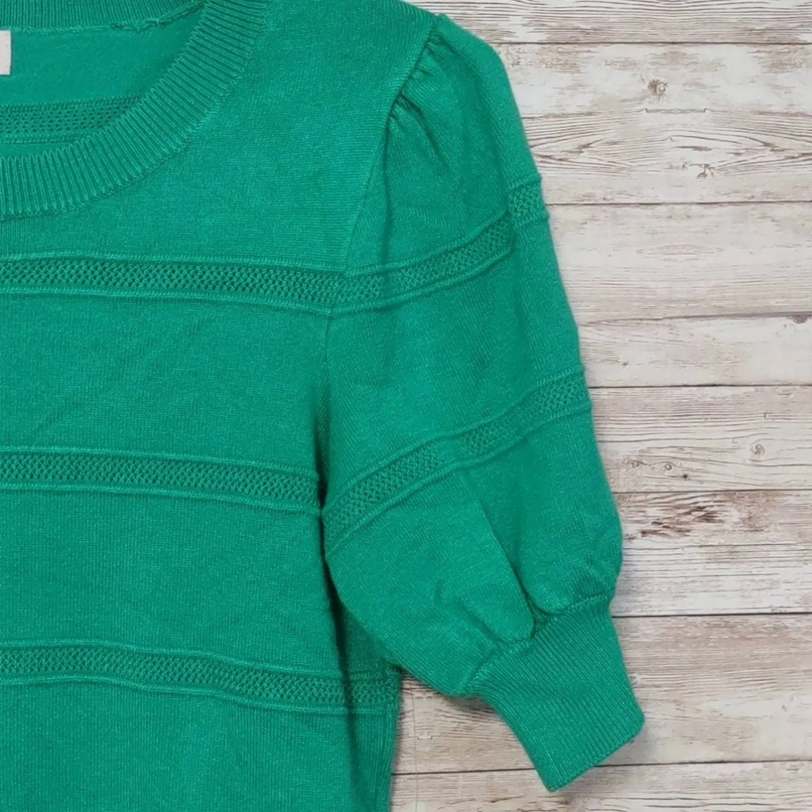 Maison Jules Pointelle Puff Sleeve Sweater Green