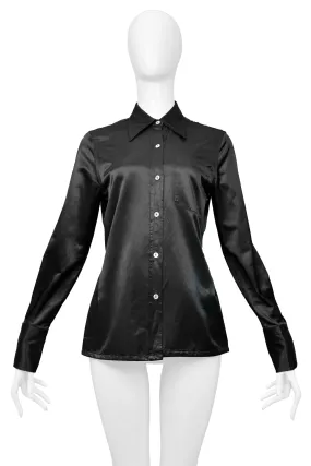 MARGIELA BLACK SATIN BUTTON DOWN ONE-POCKET SHIRT