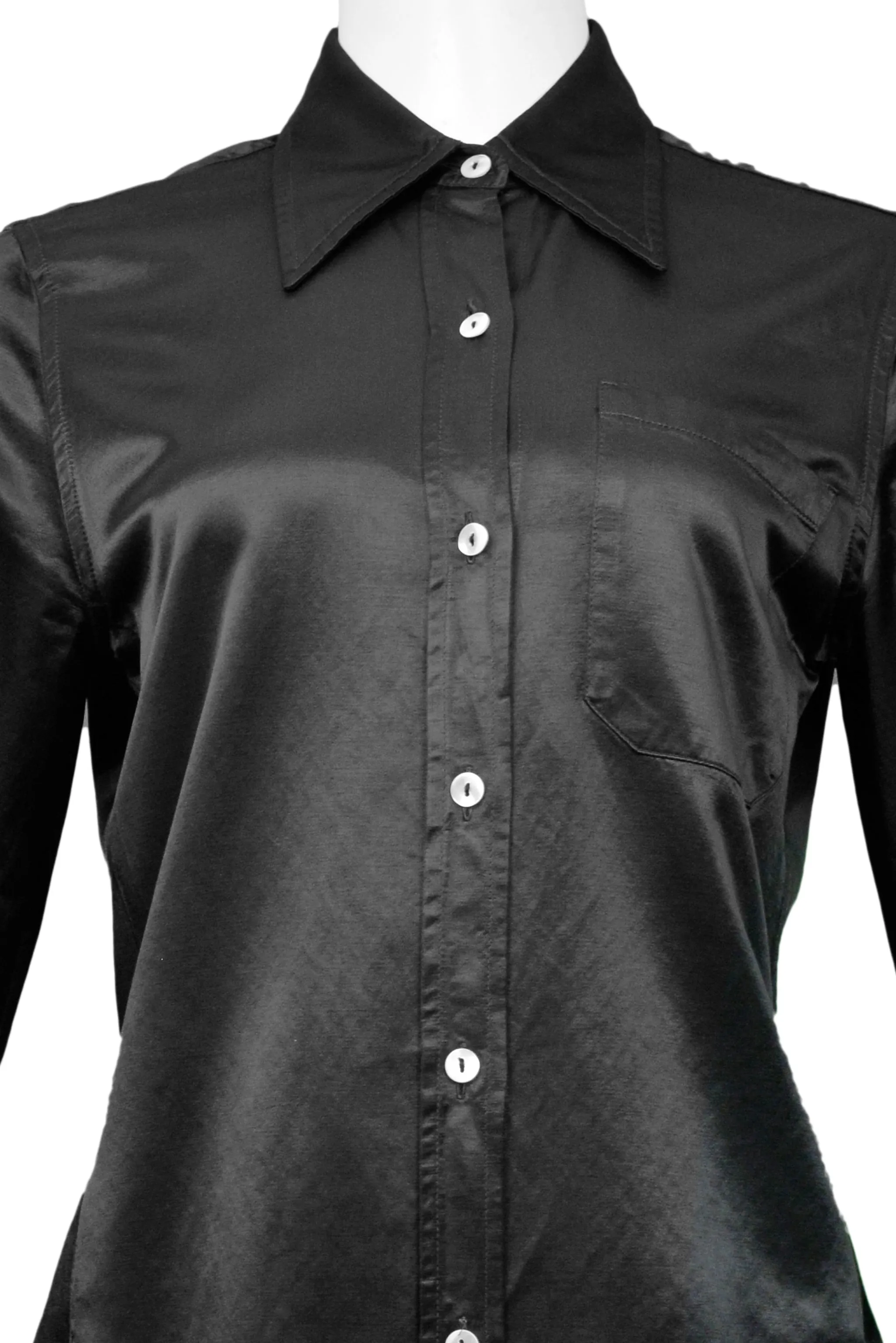 MARGIELA BLACK SATIN BUTTON DOWN ONE-POCKET SHIRT