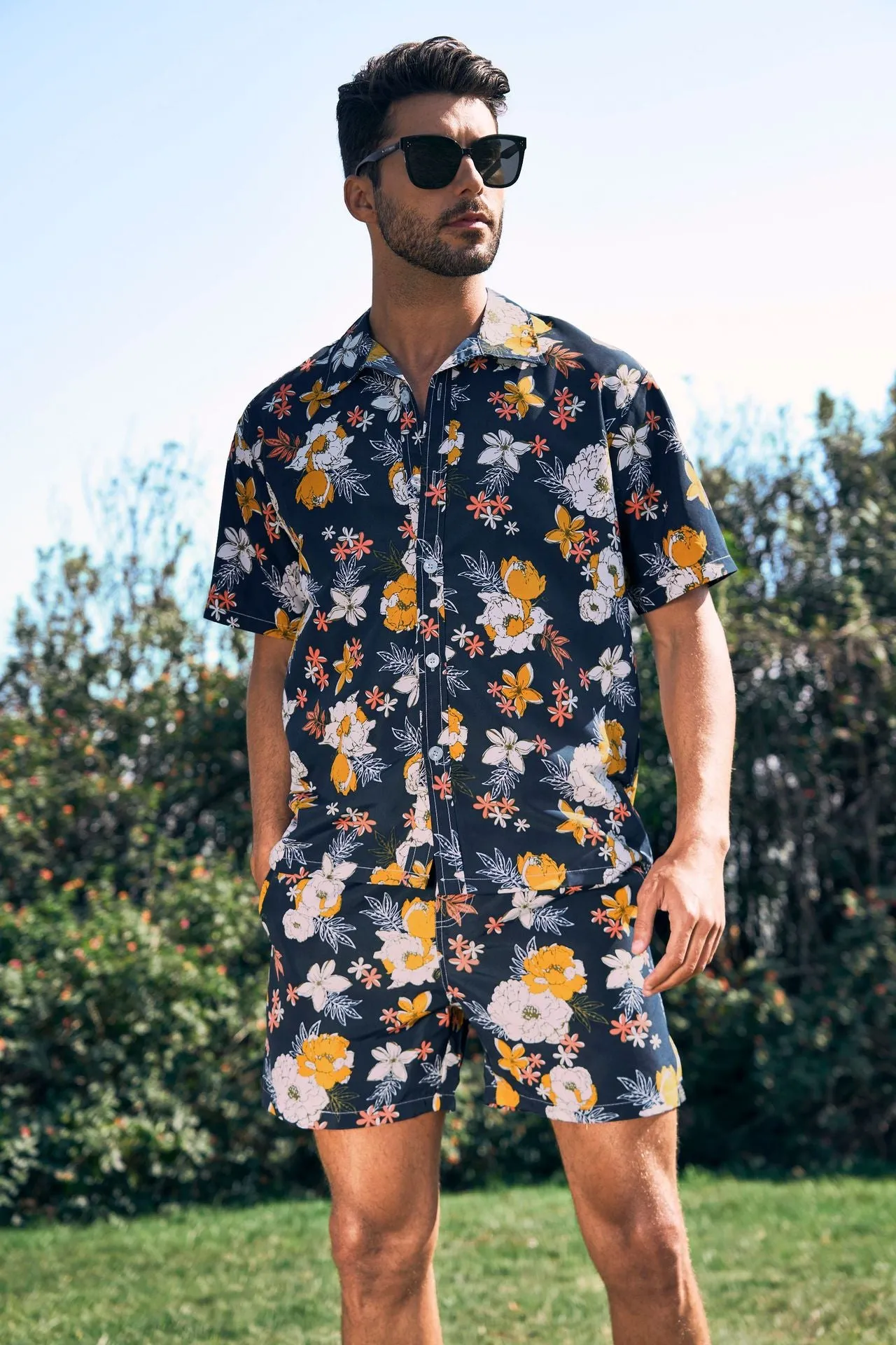 Men's Shirt Short 2-Piece Hawaiian Loose Tropical Print Casual Sets | ST05