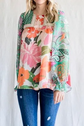 Mixed Floral Print Embroidered Satin & Chiffon Poet Sleeves Top- Green