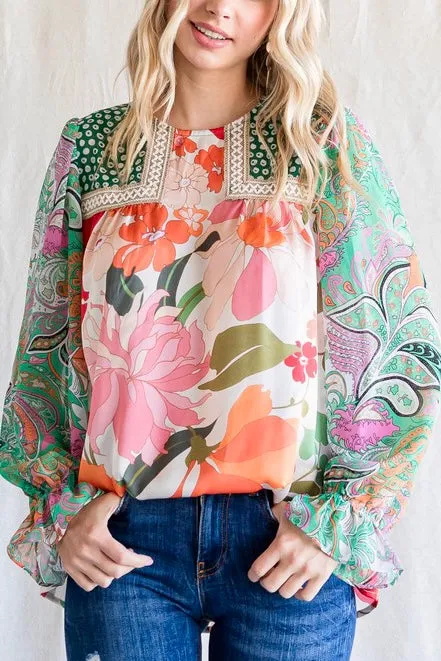 Mixed Floral Print Embroidered Satin & Chiffon Poet Sleeves Top- Green