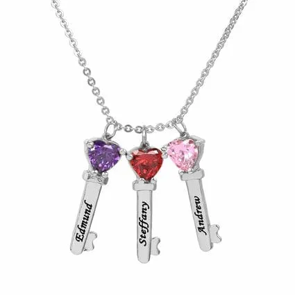 Mother's Necklace with Key Shape Birthstone Charm