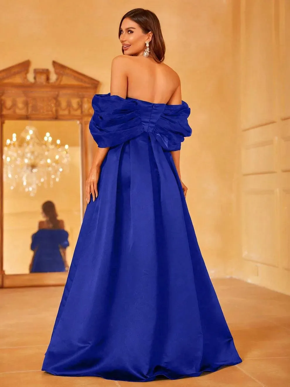 Off Shoulder Contrast Mesh Satin Formal Dress