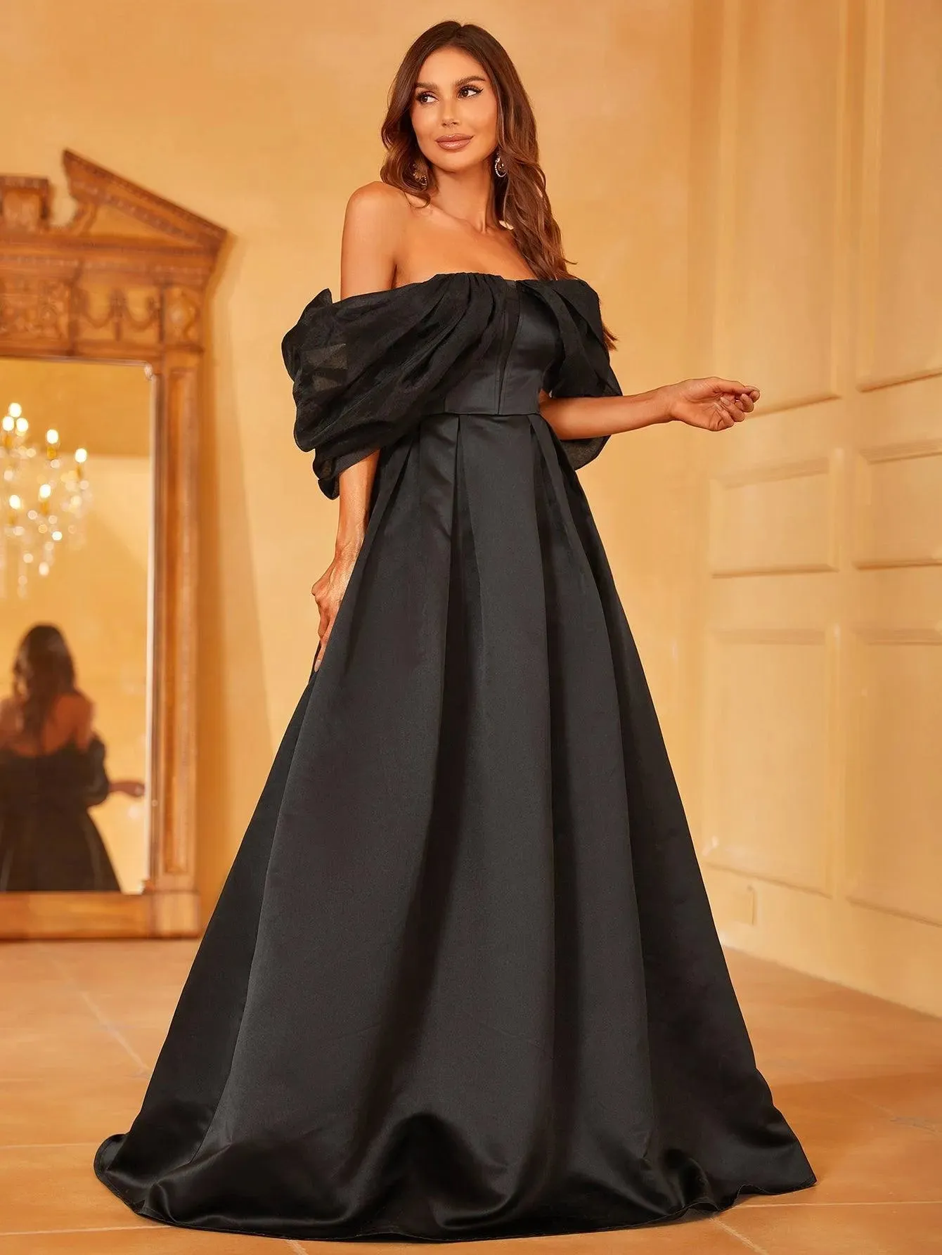 Off Shoulder Contrast Mesh Satin Formal Dress