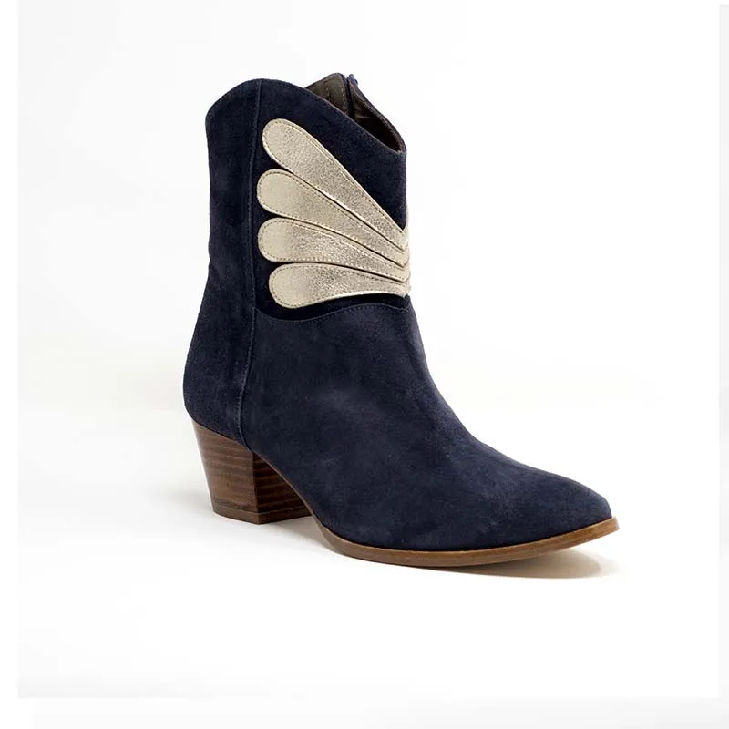 Patricia Blanchet Princesse Navy Suede and Gold Leather Ankle Boots