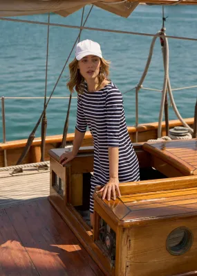 PROPRIANO - Form-Fitting Nautical Stripe Dress | Anti-UV Stretch Fabric (NAVY / WHITE)