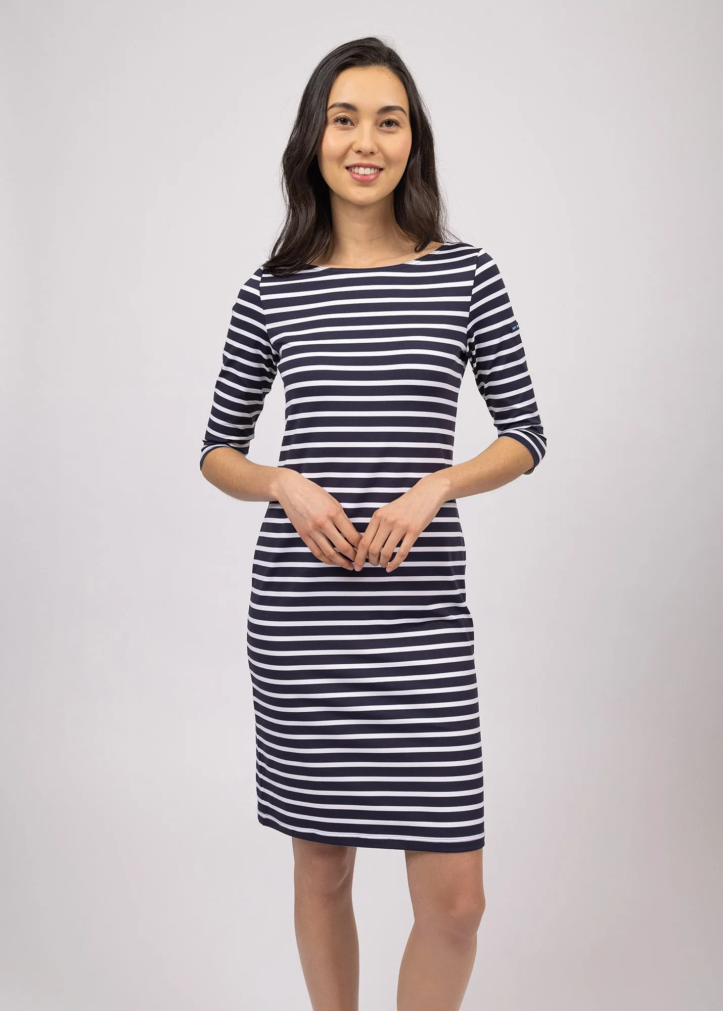 PROPRIANO - Form-Fitting Nautical Stripe Dress | Anti-UV Stretch Fabric (NAVY / WHITE)