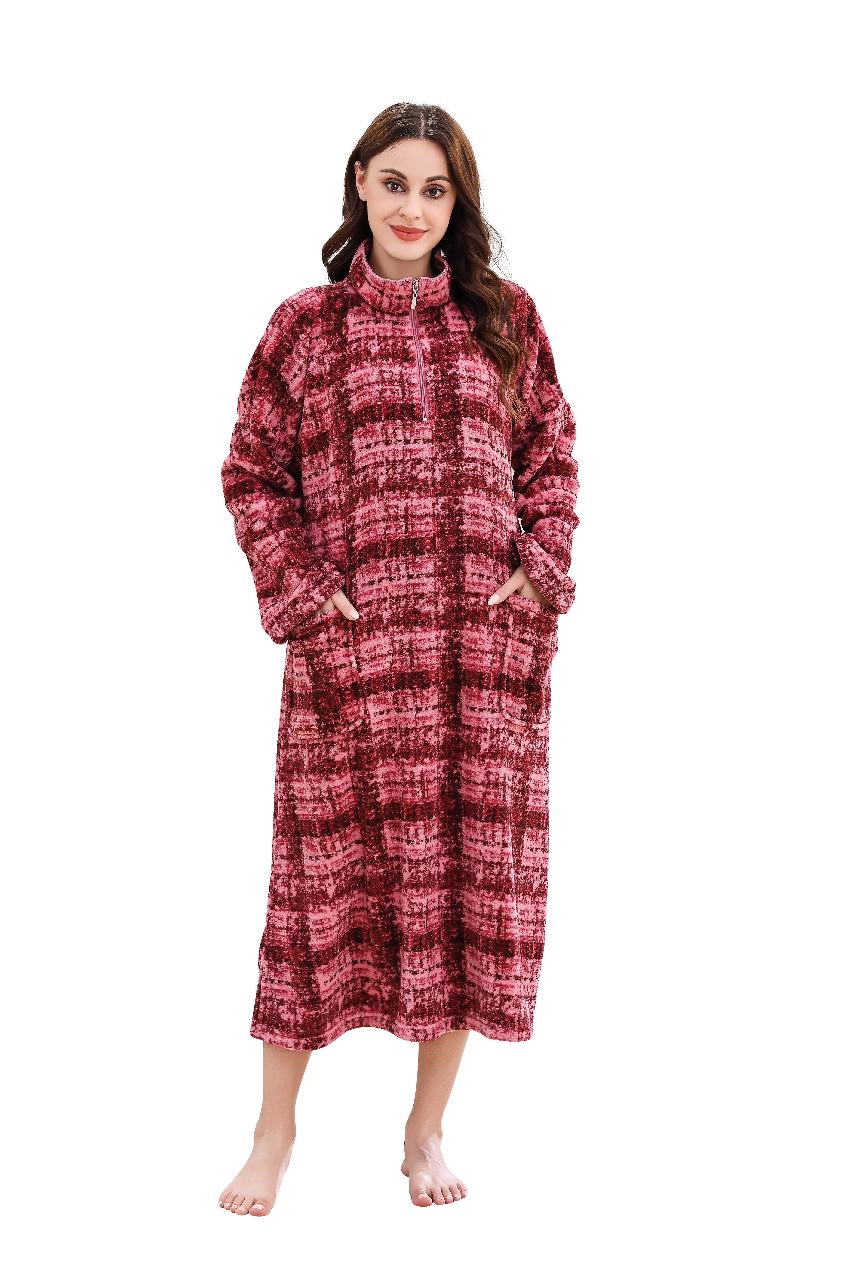 Richie House Women's Zip Front Printed Robe Long Housecoat with Pocket Nightgown S-3XL RHW4004