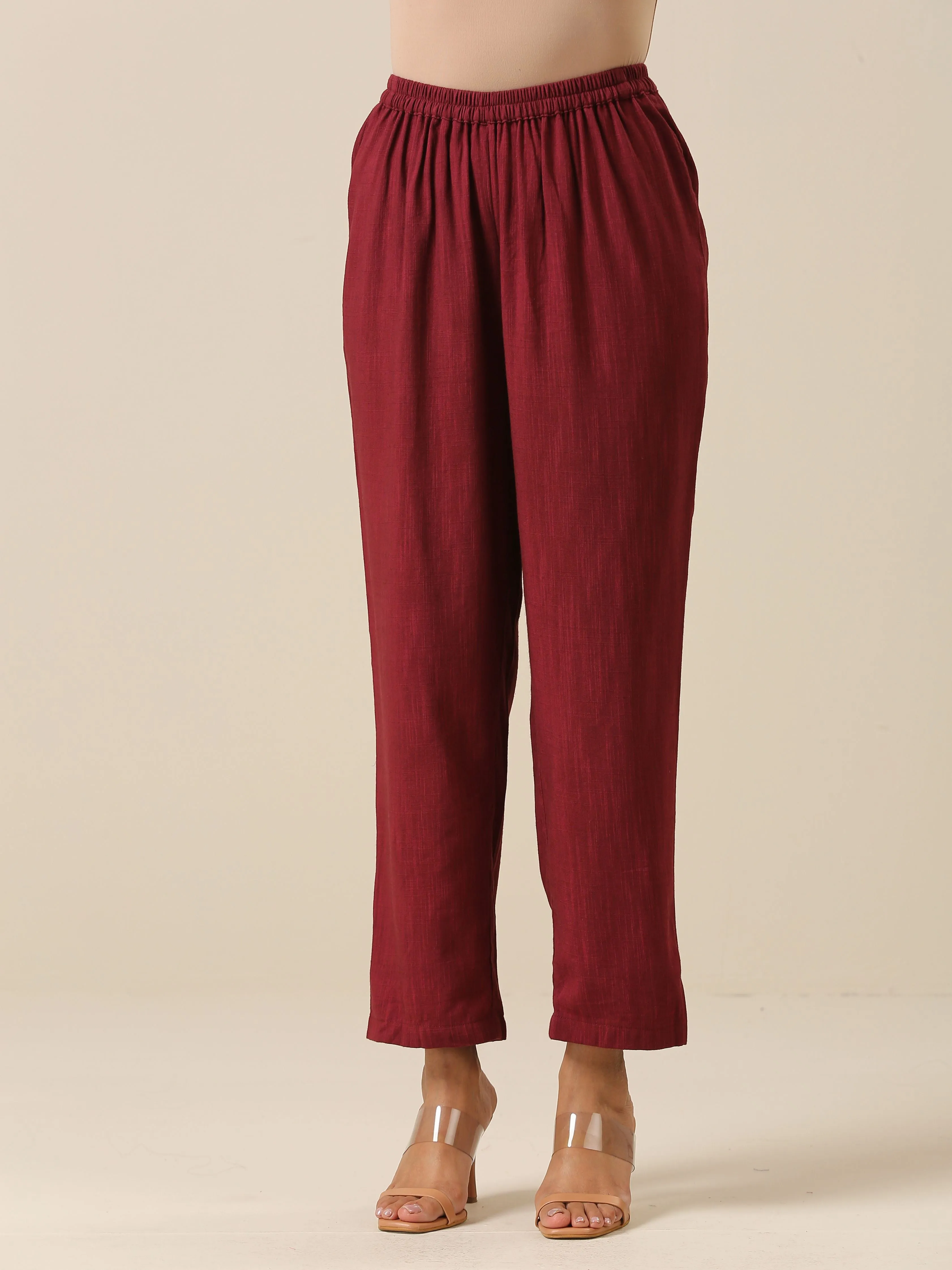 Ruby Wine Slub Texture High Low Kaftan Pant Set | Relove