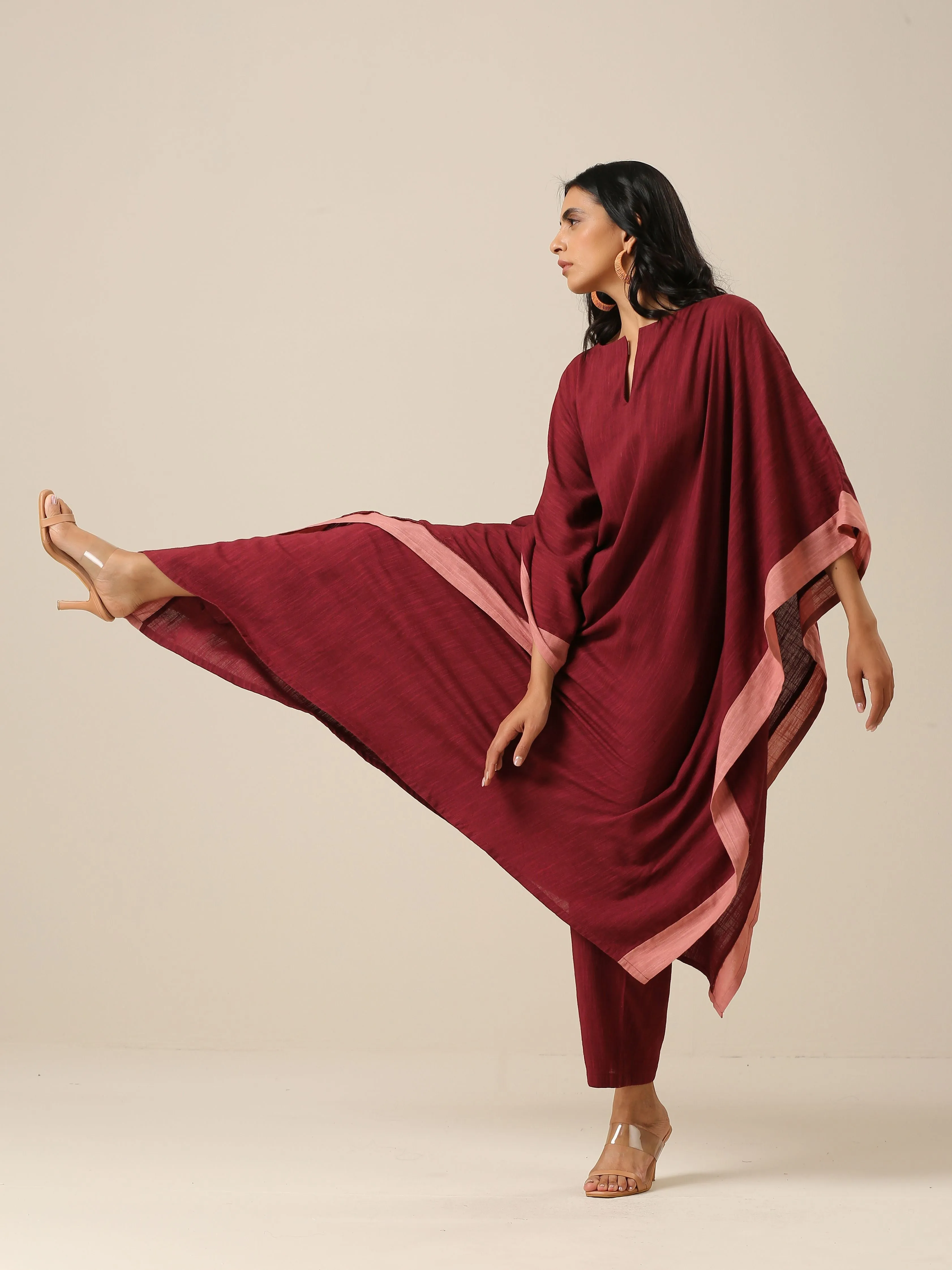 Ruby Wine Slub Texture High Low Kaftan Pant Set | Relove