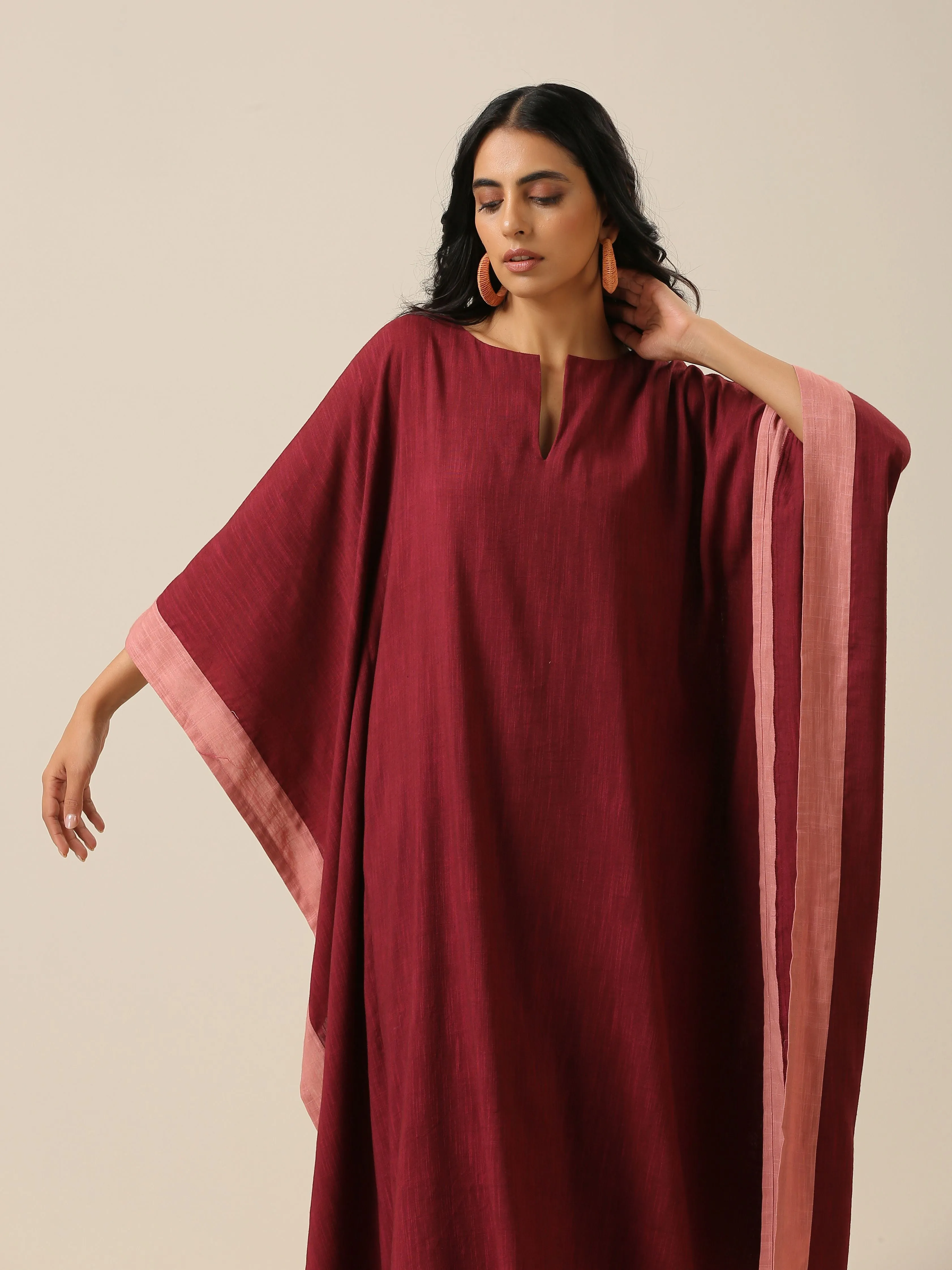 Ruby Wine Slub Texture High Low Kaftan Pant Set | Relove