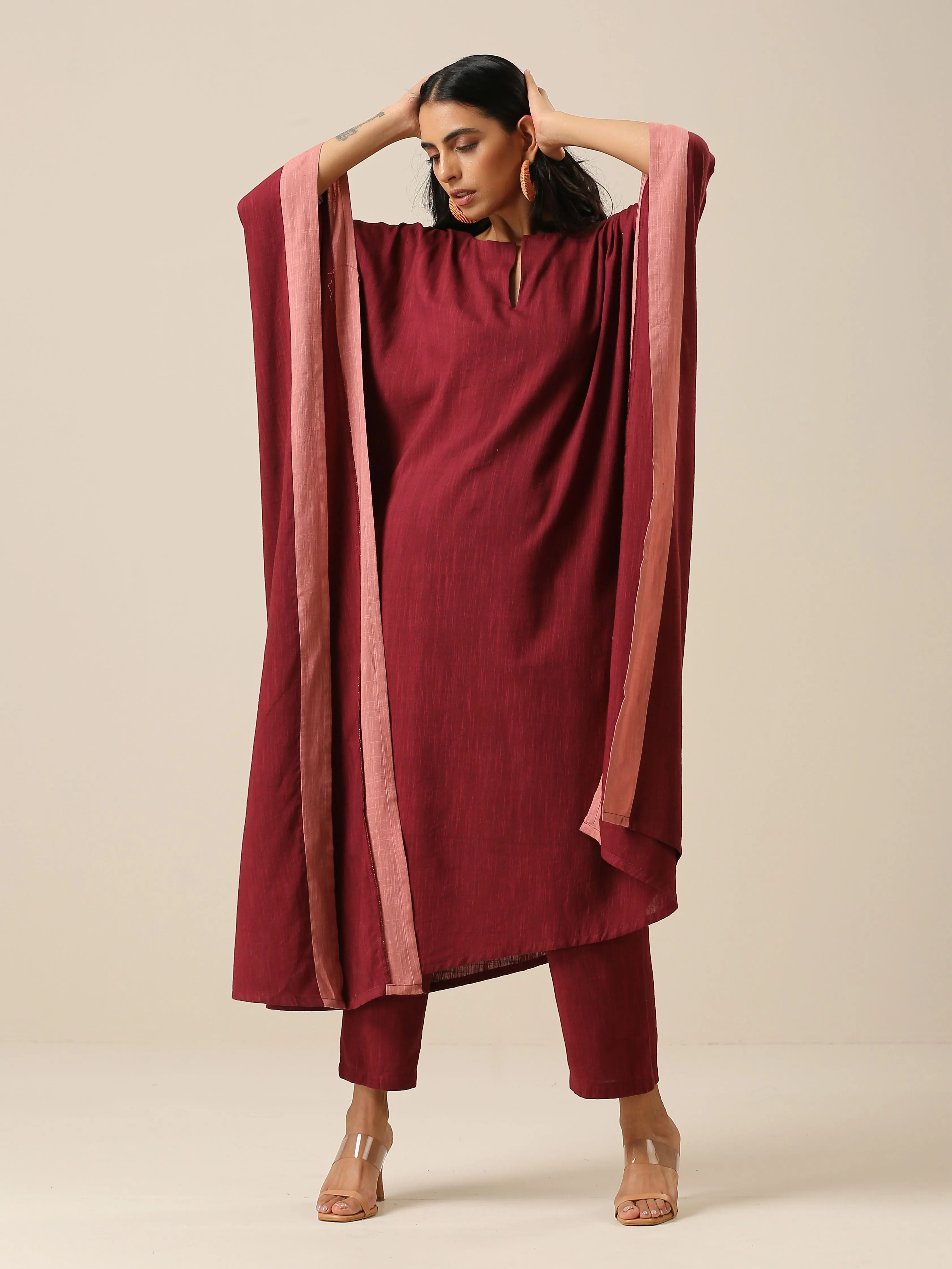 Ruby Wine Slub Texture High Low Kaftan Pant Set | Relove