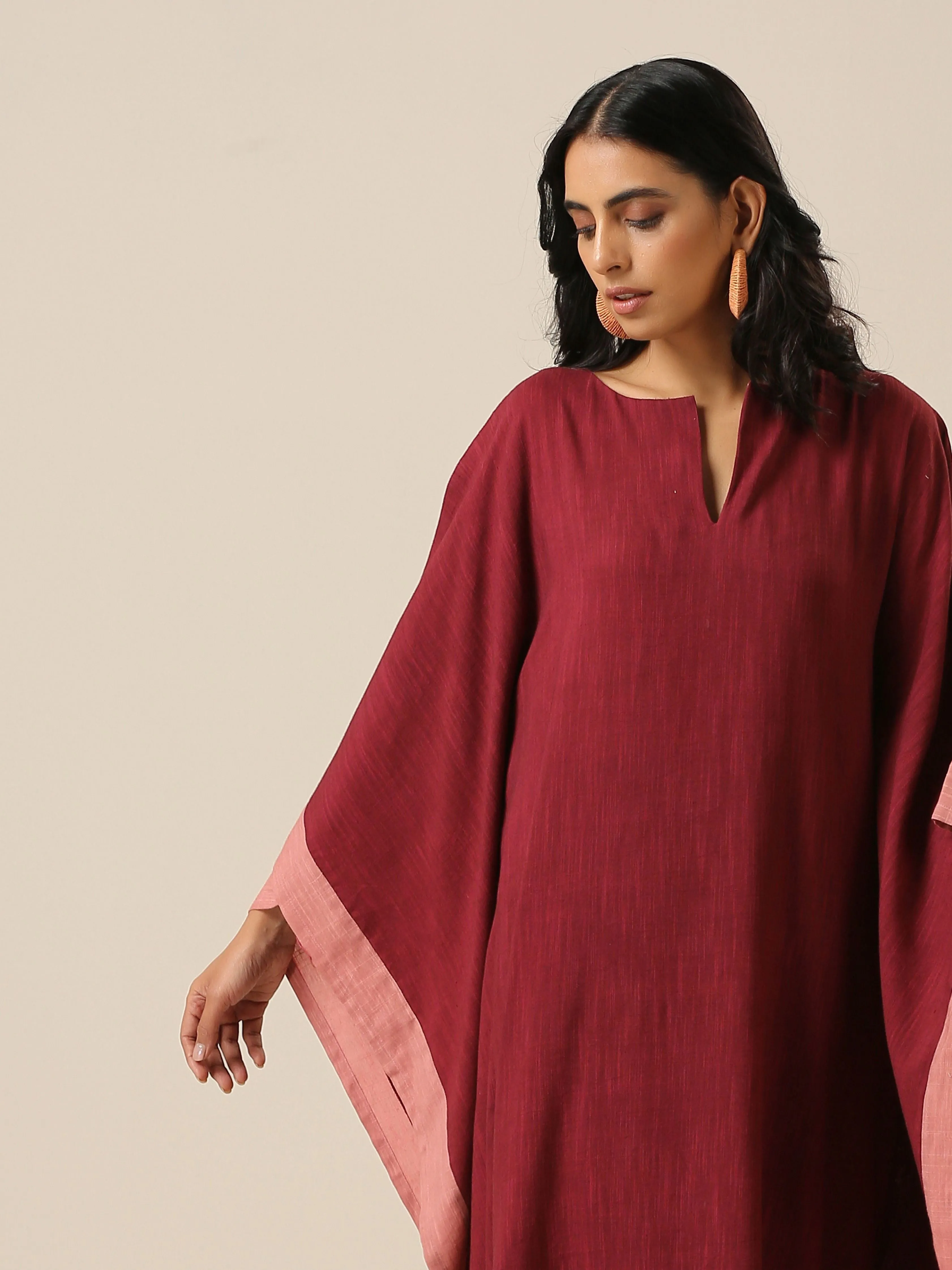 Ruby Wine Slub Texture High Low Kaftan Pant Set | Relove