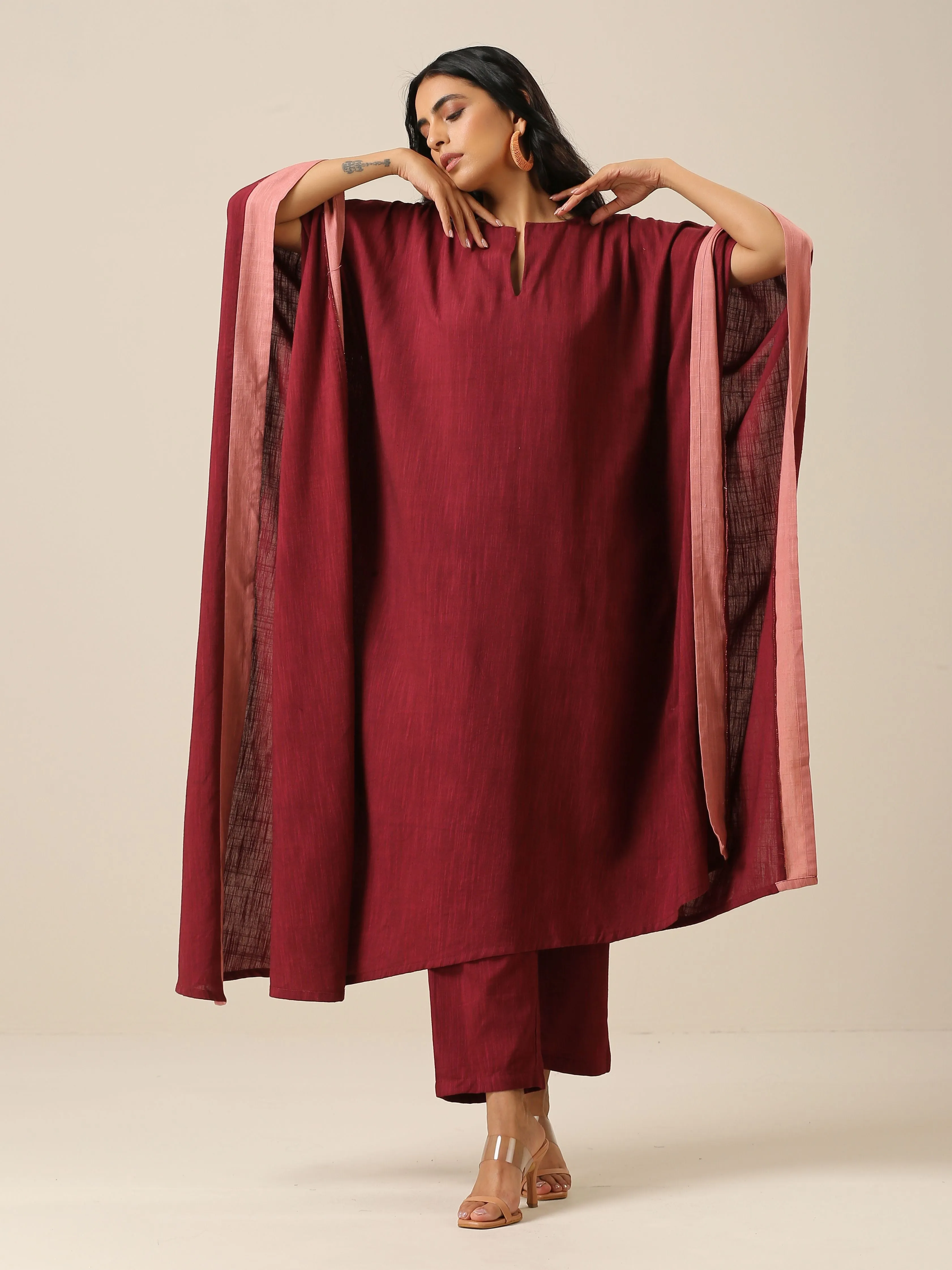 Ruby Wine Slub Texture High Low Kaftan Pant Set | Relove