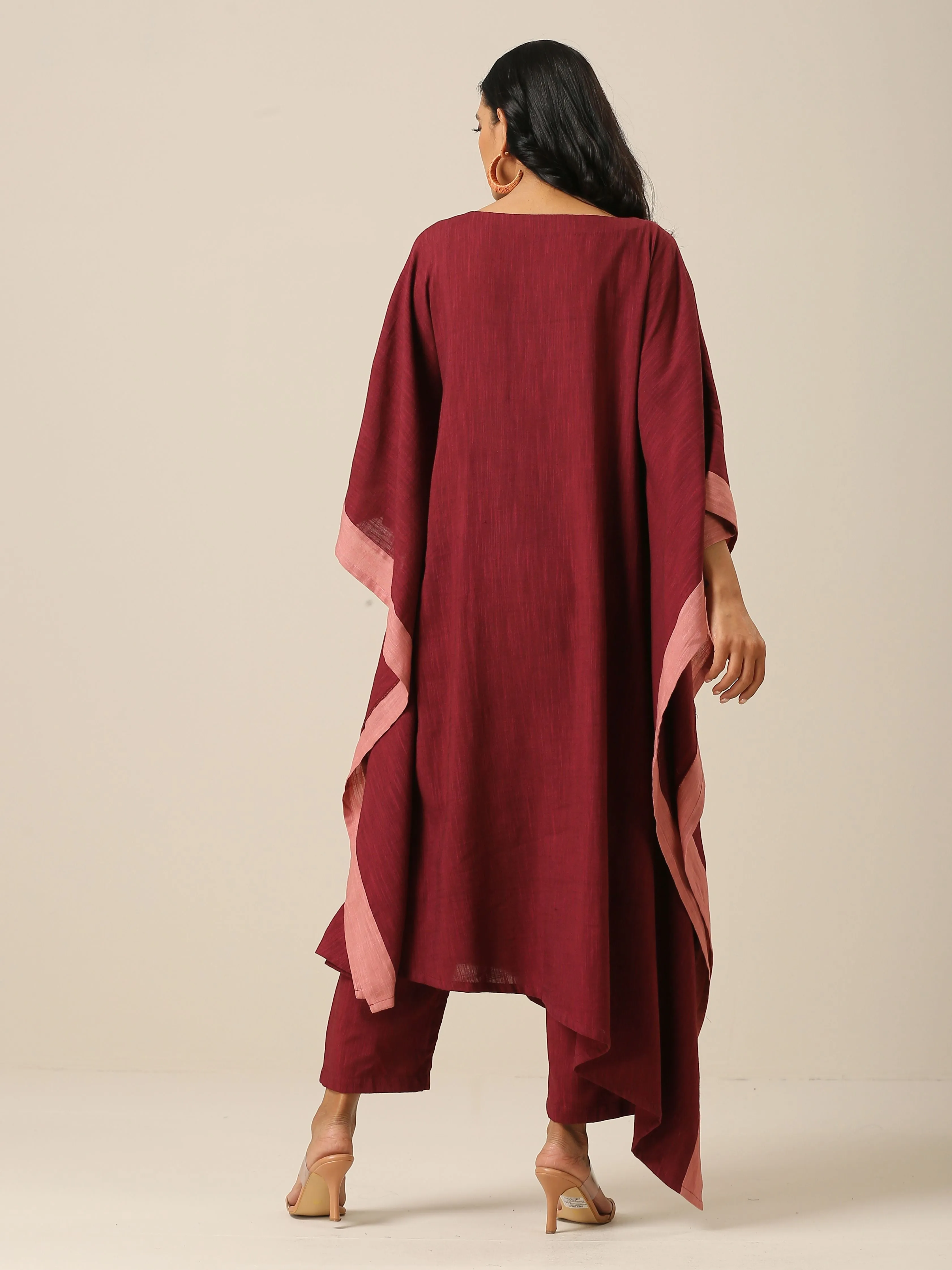 Ruby Wine Slub Texture High Low Kaftan Pant Set | Relove