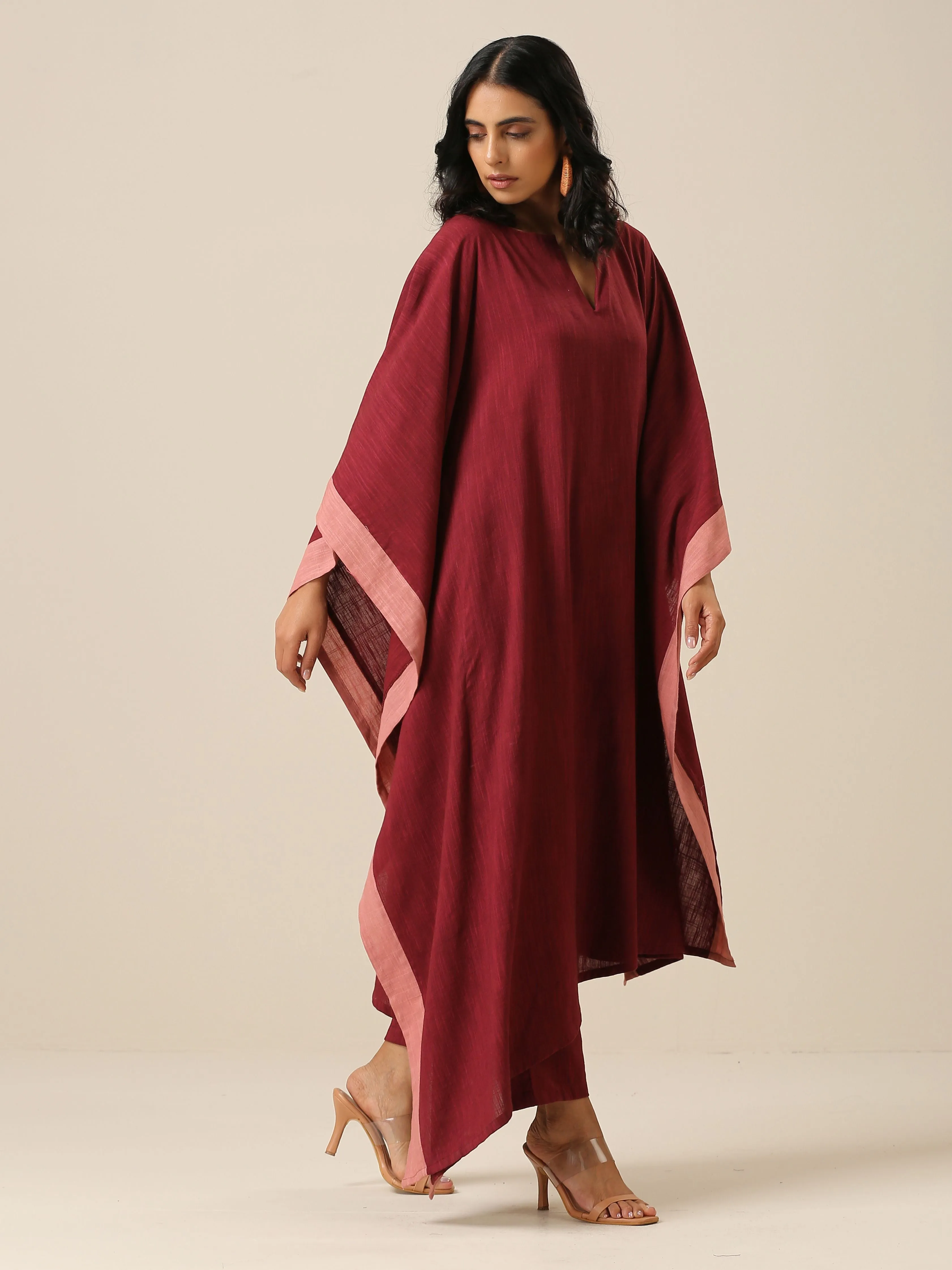 Ruby Wine Slub Texture High Low Kaftan Pant Set | Relove