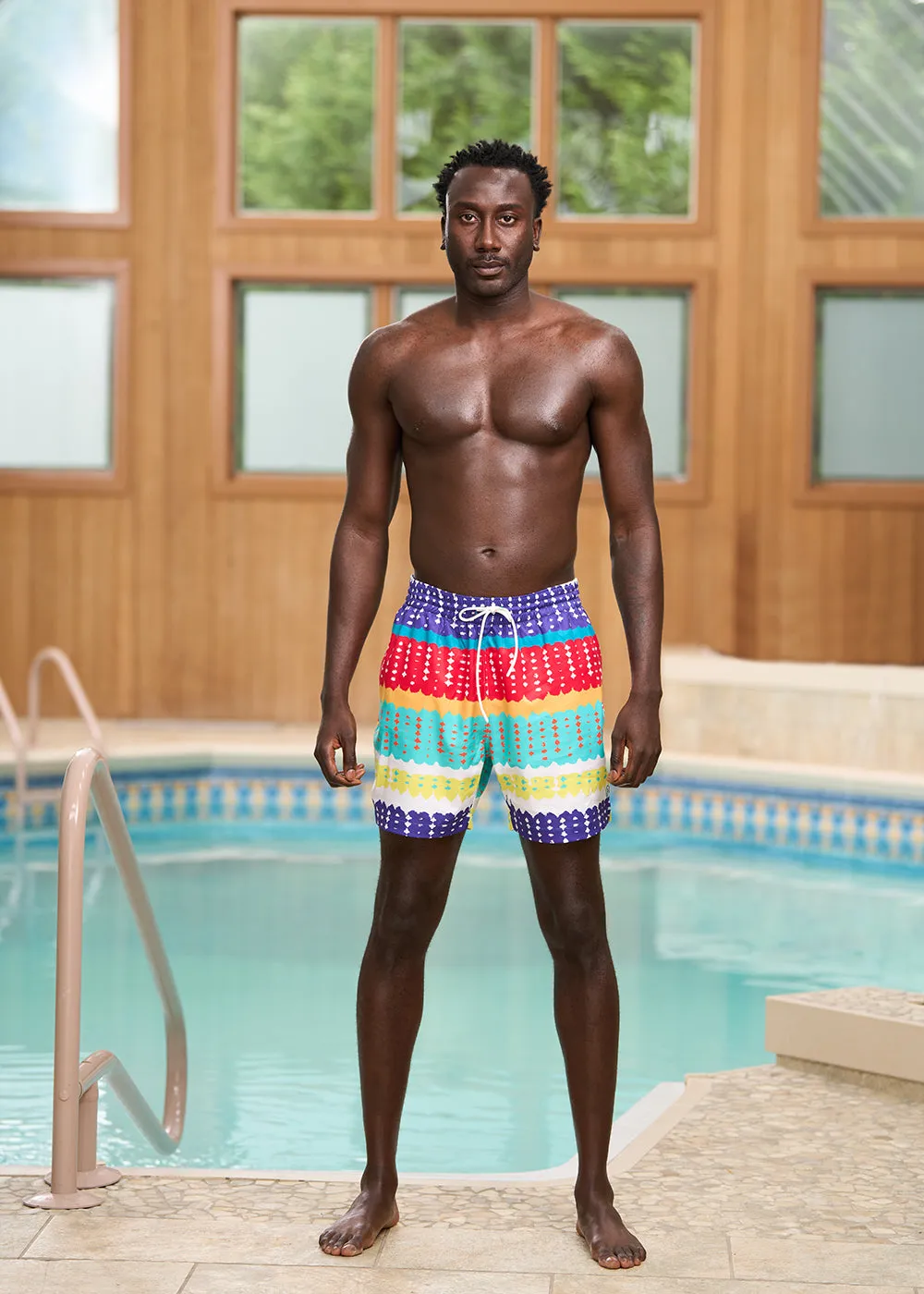 Safari Men's African Print Swim Trunks (Rainbow Punch Adire)