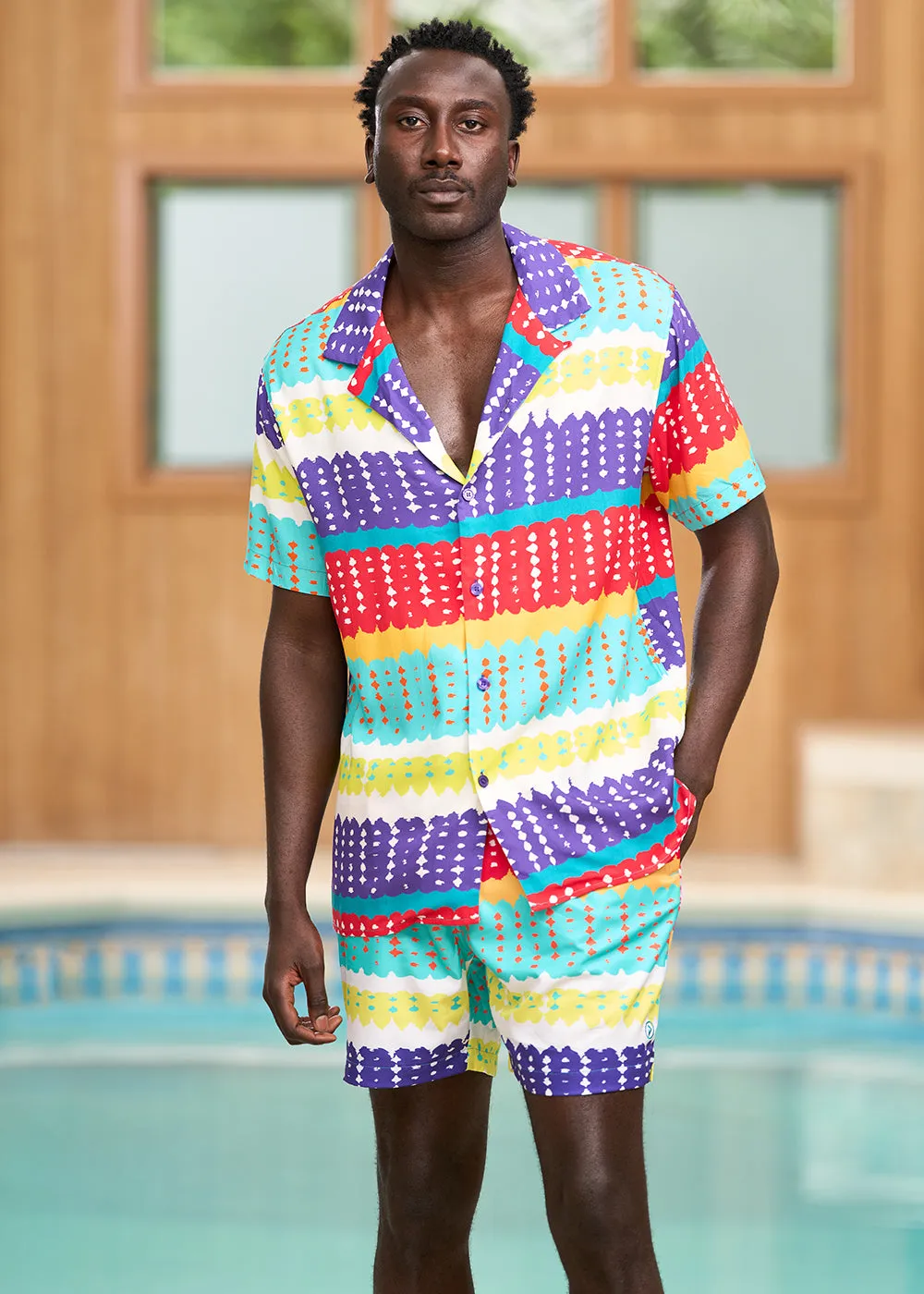 Safari Men's African Print Swim Trunks (Rainbow Punch Adire)