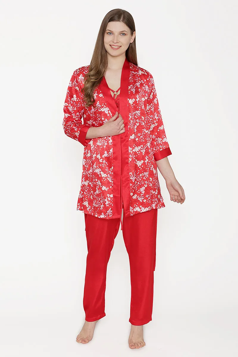 Satin Night suit with Floral Robe