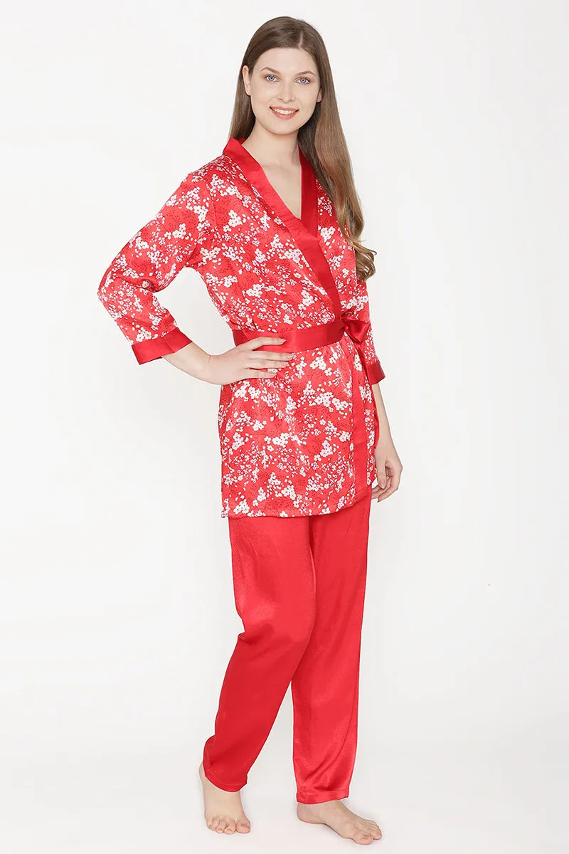 Satin Night suit with Floral Robe