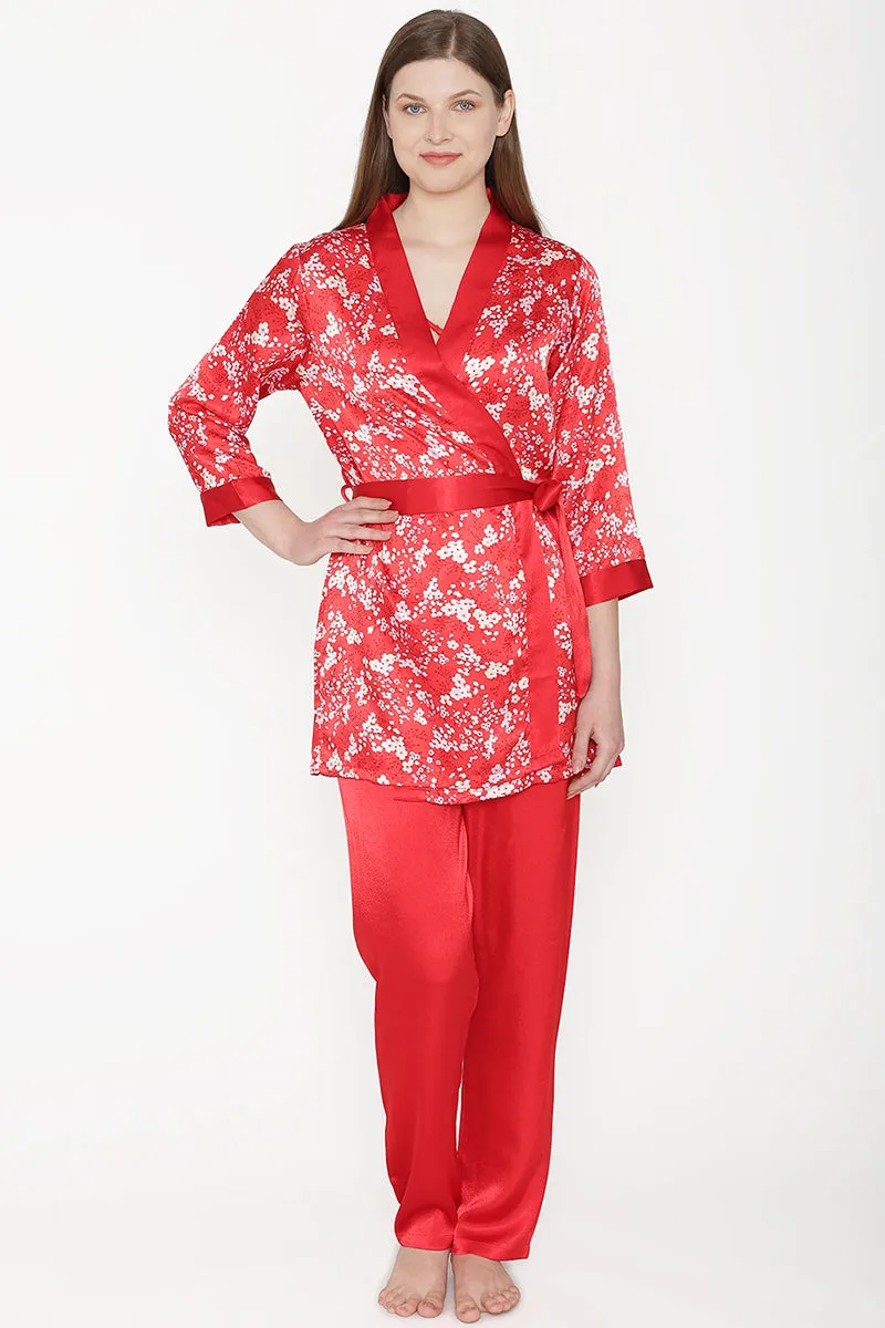 Satin Night suit with Floral Robe