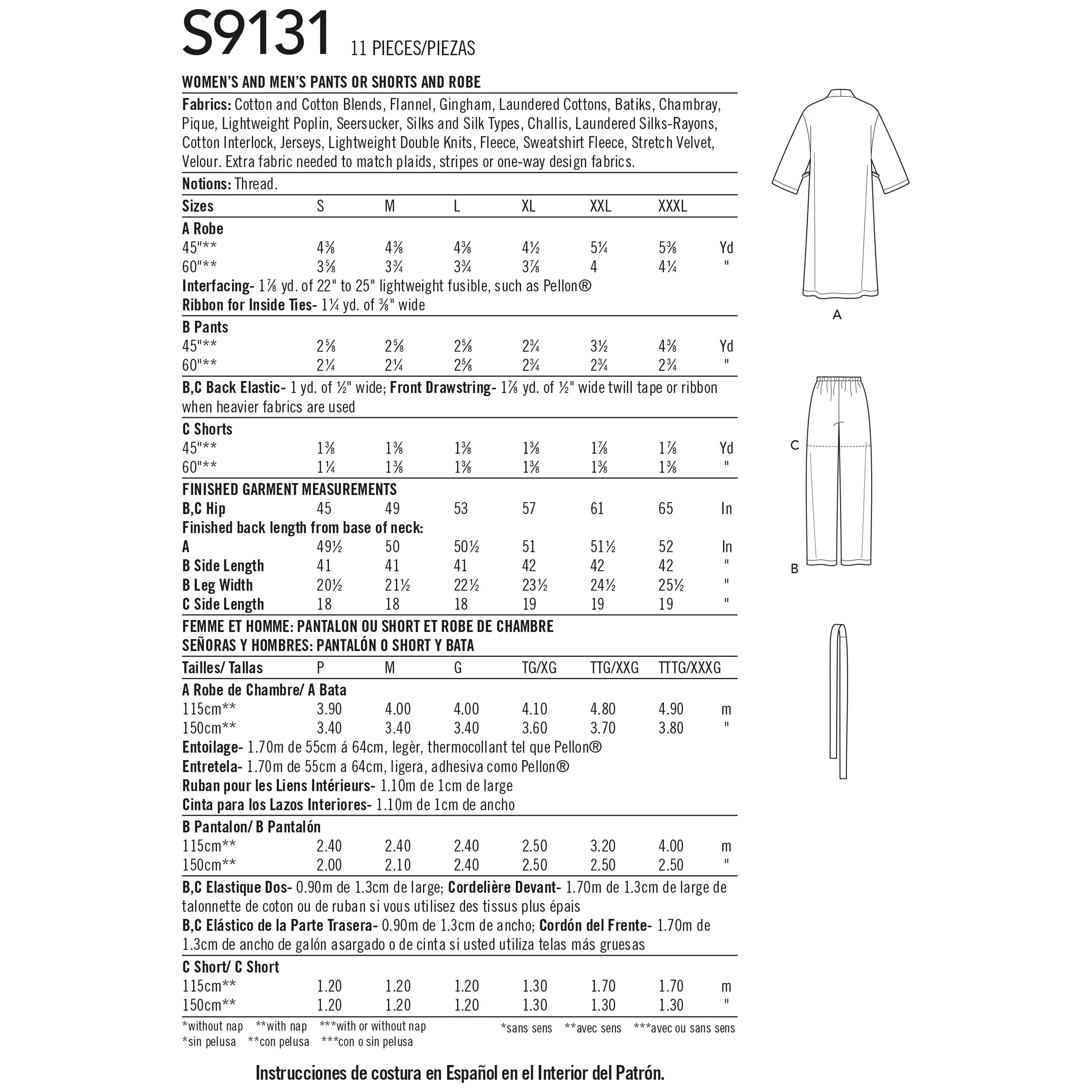 Simplicity Sewing Pattern S9131 Unisex Sleepwear