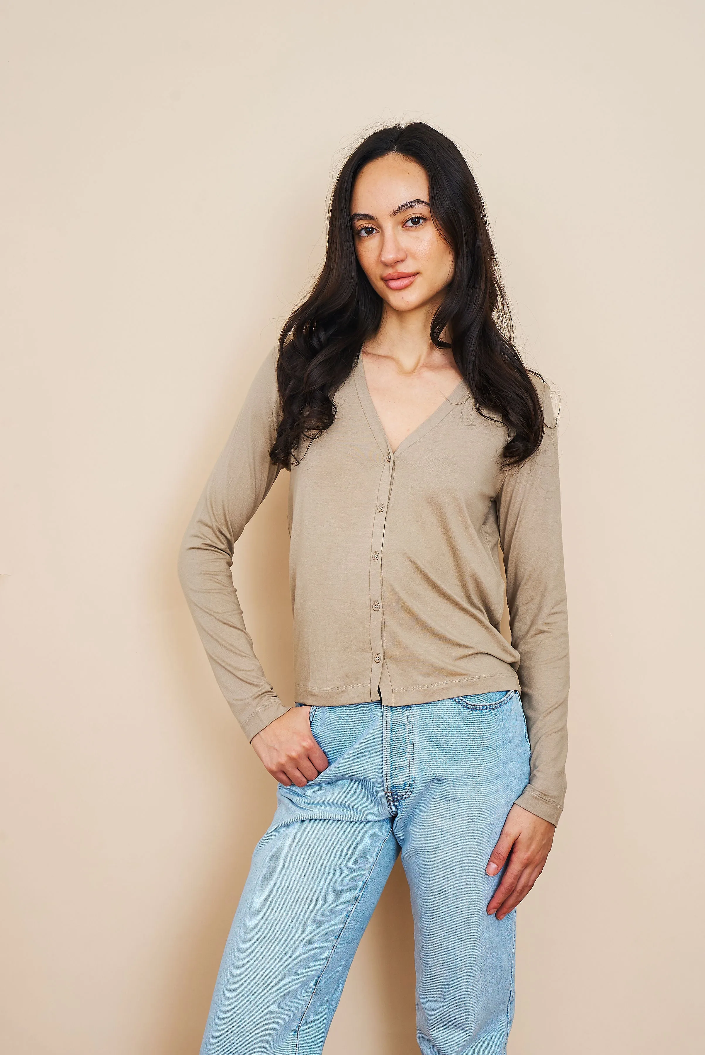 Soft Touch V-Neck Cardigan in Desert