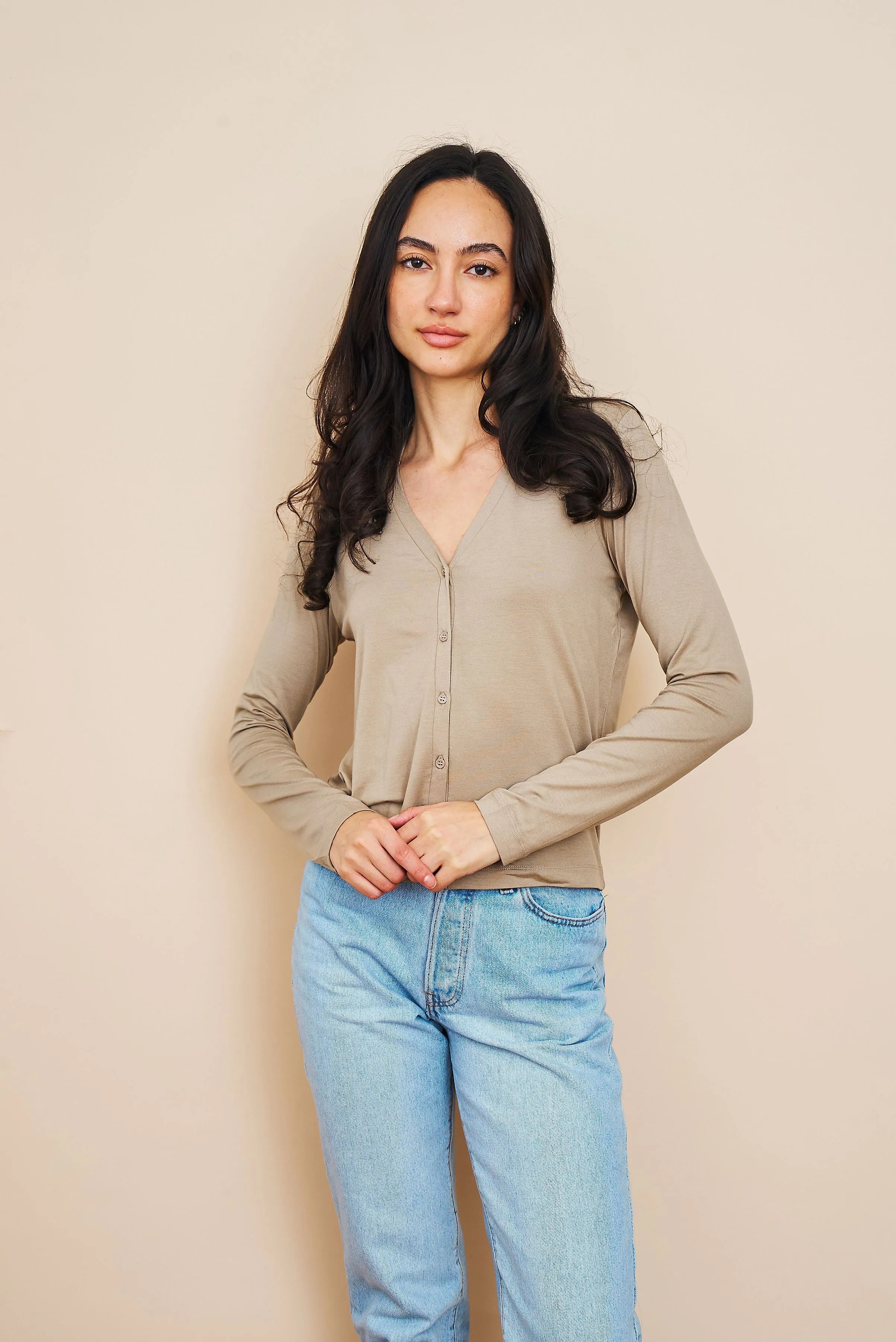 Soft Touch V-Neck Cardigan in Desert